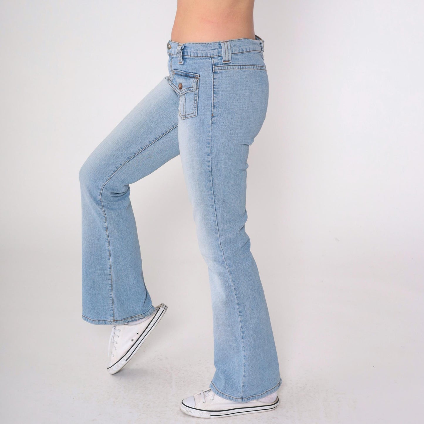 Y2K Low Rise Flared Jeans Blue Denim Patch Pocket 00s Bell Bottom Small 5