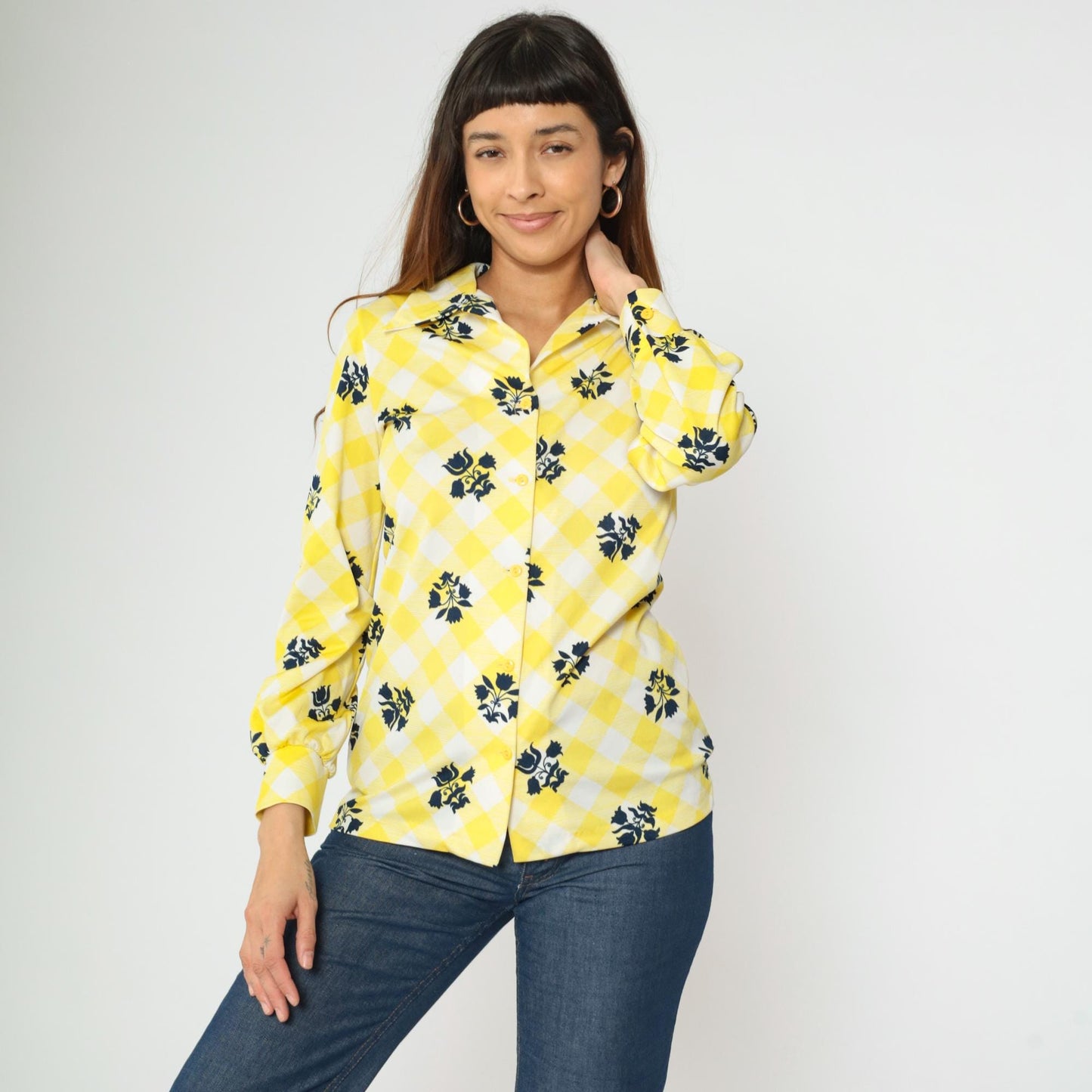 70s Checkered Floral Yellow Button-Up Blouse Long Sleeve Collared Shirt Small