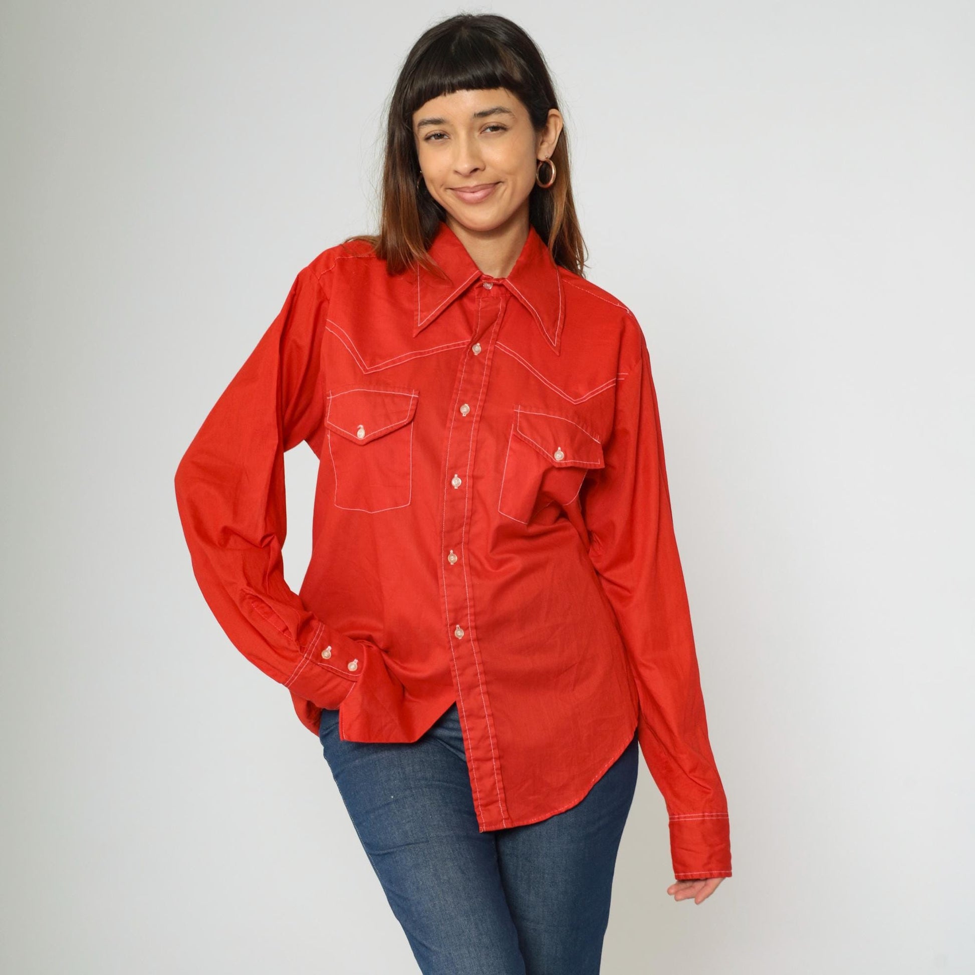 70s Van Cort Western Shirt Red Dagger Collar Topstitch Button Up Large