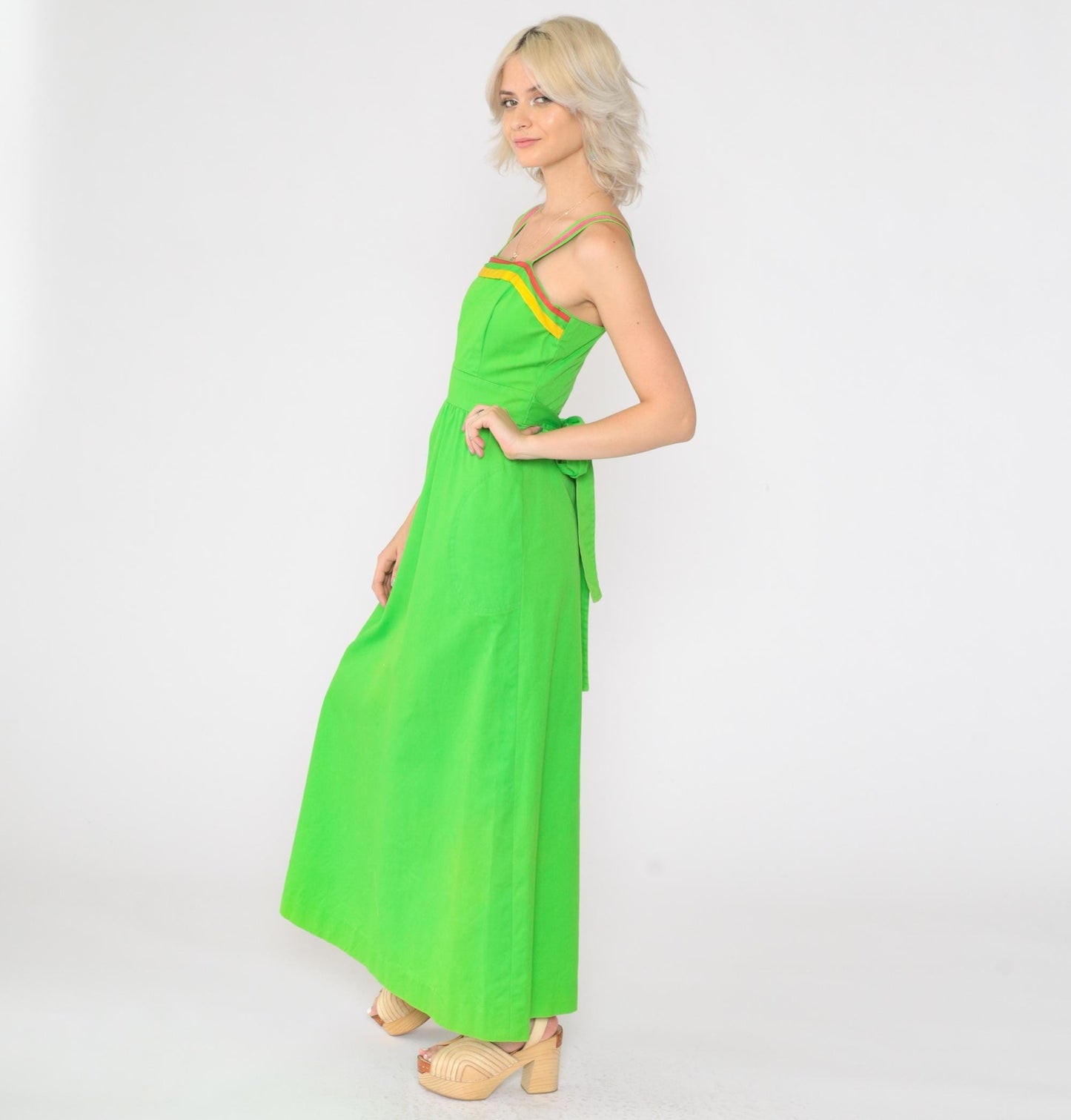 70s Bright Green Maxi Sundress Sleeveless High Waist Striped Trim Pockets XS