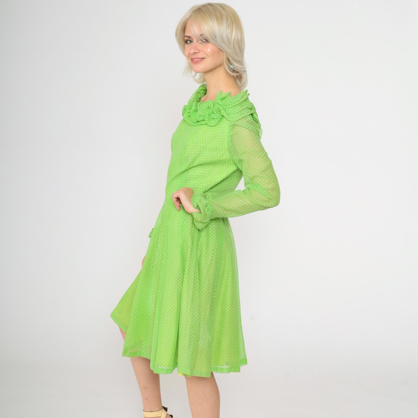 70s Coco California Polka Dot Midi Dress Green Ruffled High Waist Small