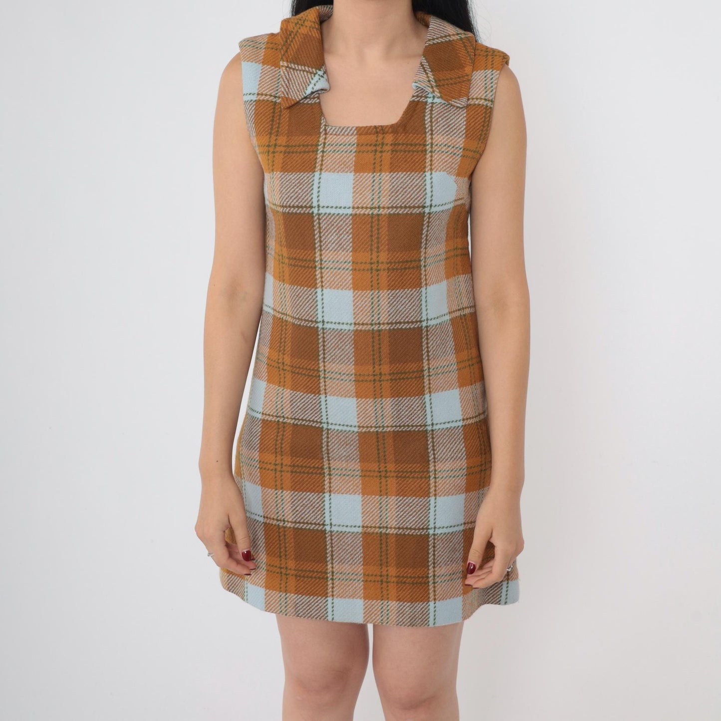 60s Plaid Shift Dress Mini Sleeveless Square Neckline Brown Orange Blue Small S