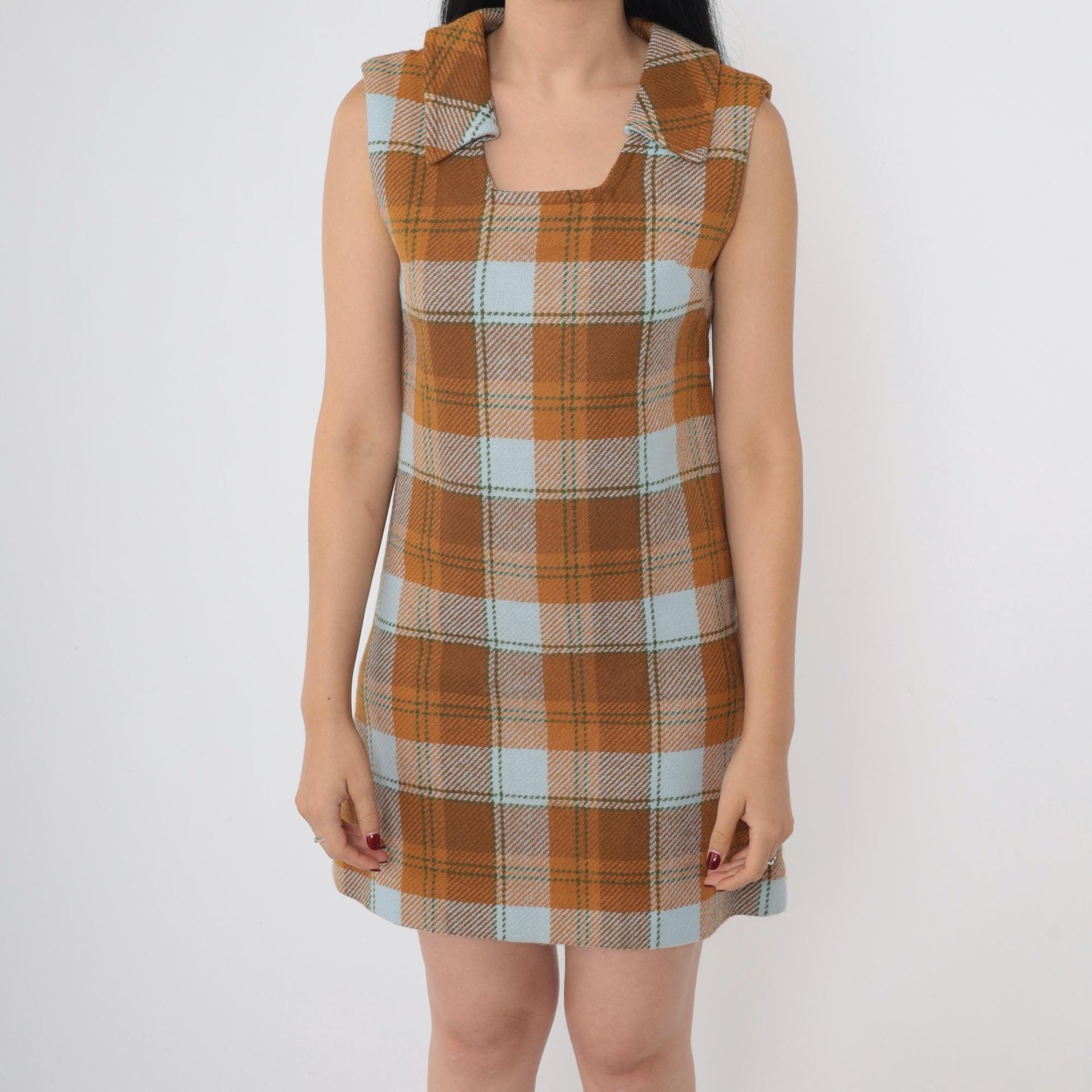 60s Plaid Shift Dress Mini Sleeveless Square Neckline Brown Orange Blue Small S