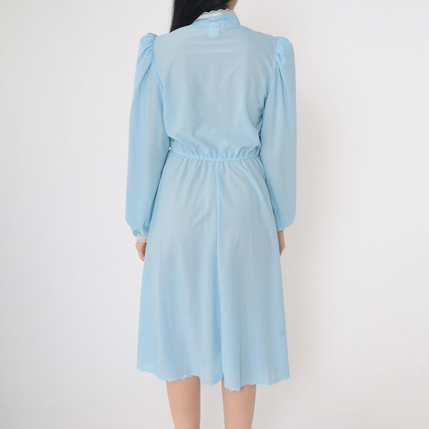 70s Baby Blue Midi Dress Pearl Button High Waist Puff Sleeve Lace Yoke Small