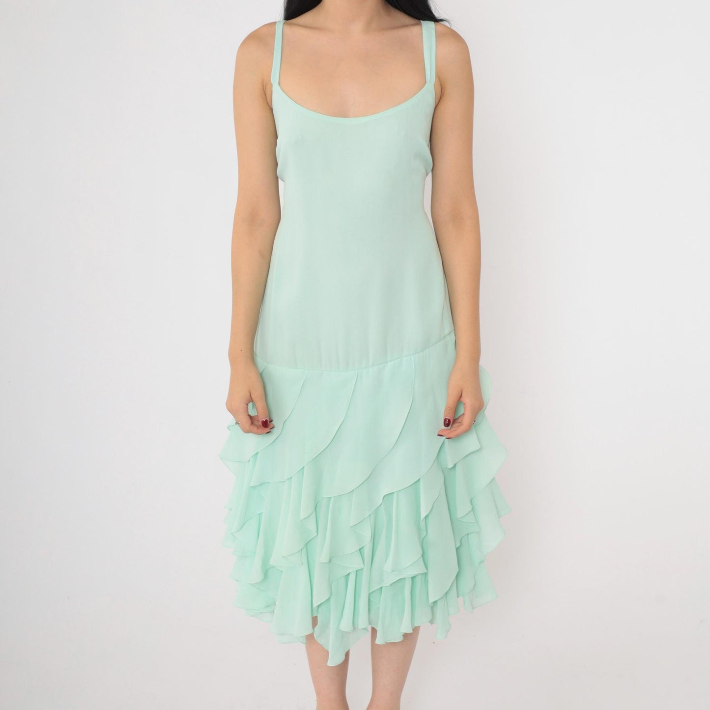 1970s Mint Green Midi Dress Spaghetti Straps Tiered Ruffle Hem Large