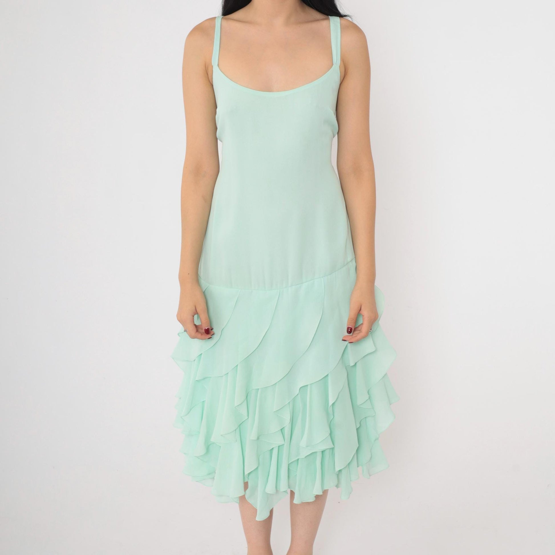 1970s Mint Green Midi Dress Spaghetti Straps Tiered Ruffle Hem Large