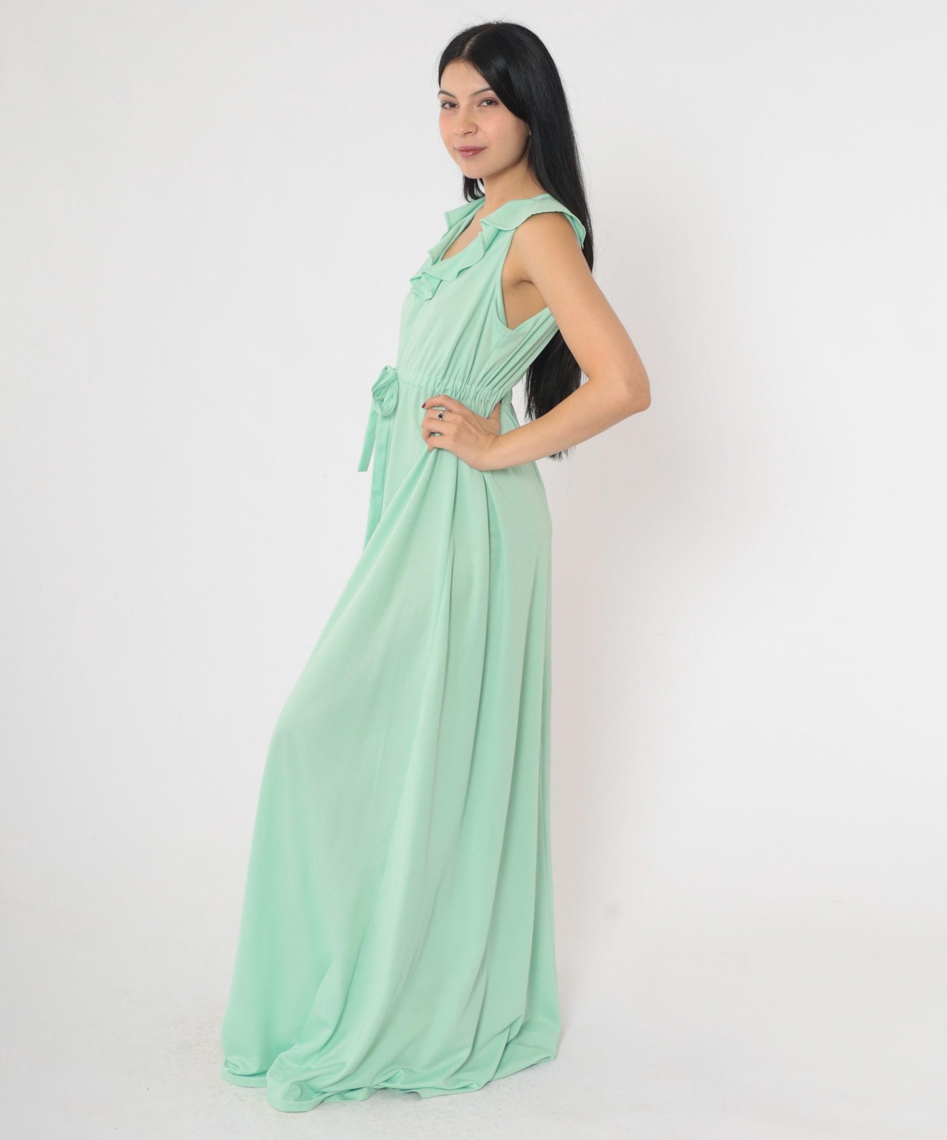 70s Mint Green Maxi Dress Ruffled V-Neck Sleeveless Drawstring Waist Medium