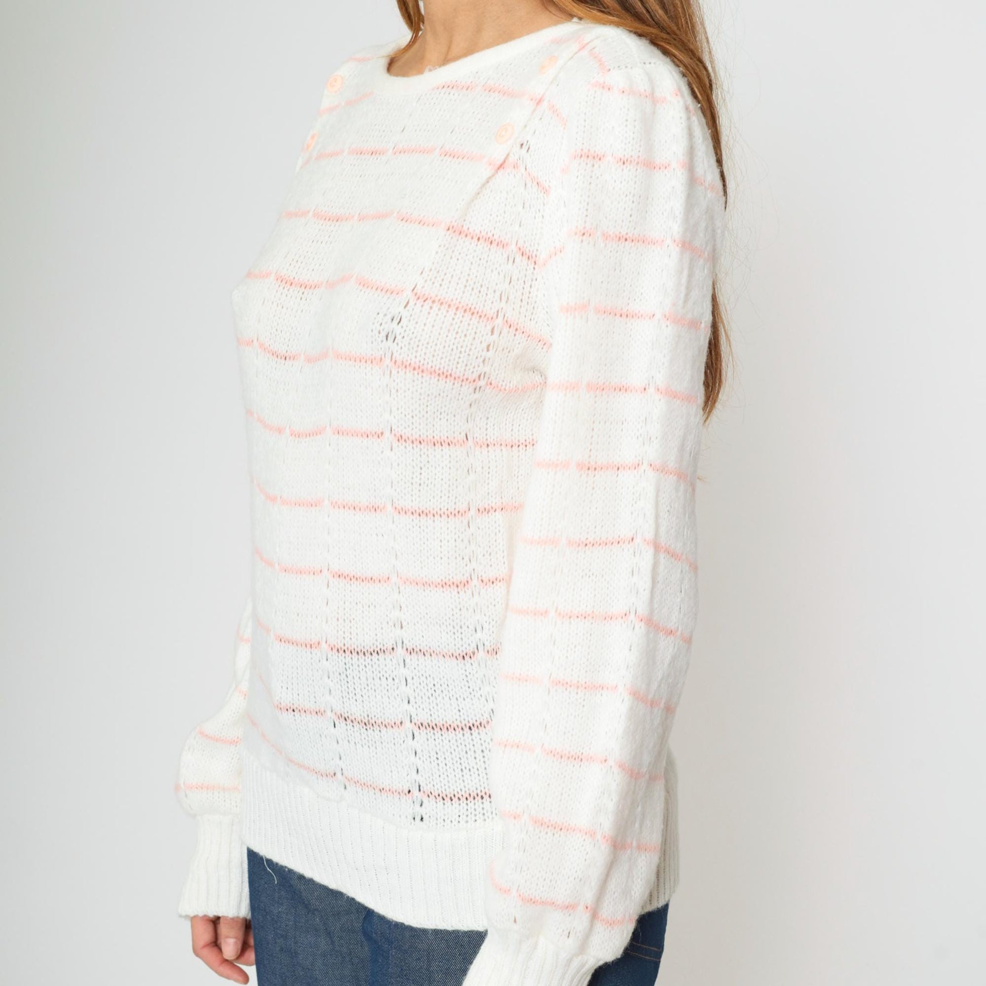 80s White Pink Striped Puff Sleeve Knit Sweater Boatneck Pullover Small Medium
