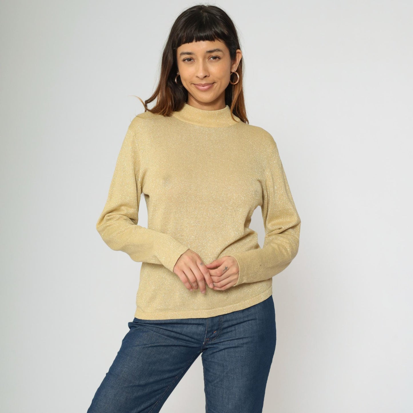 90s Metallic Gold Mock Neck Sweater Sparkly Knit Pullover Medium