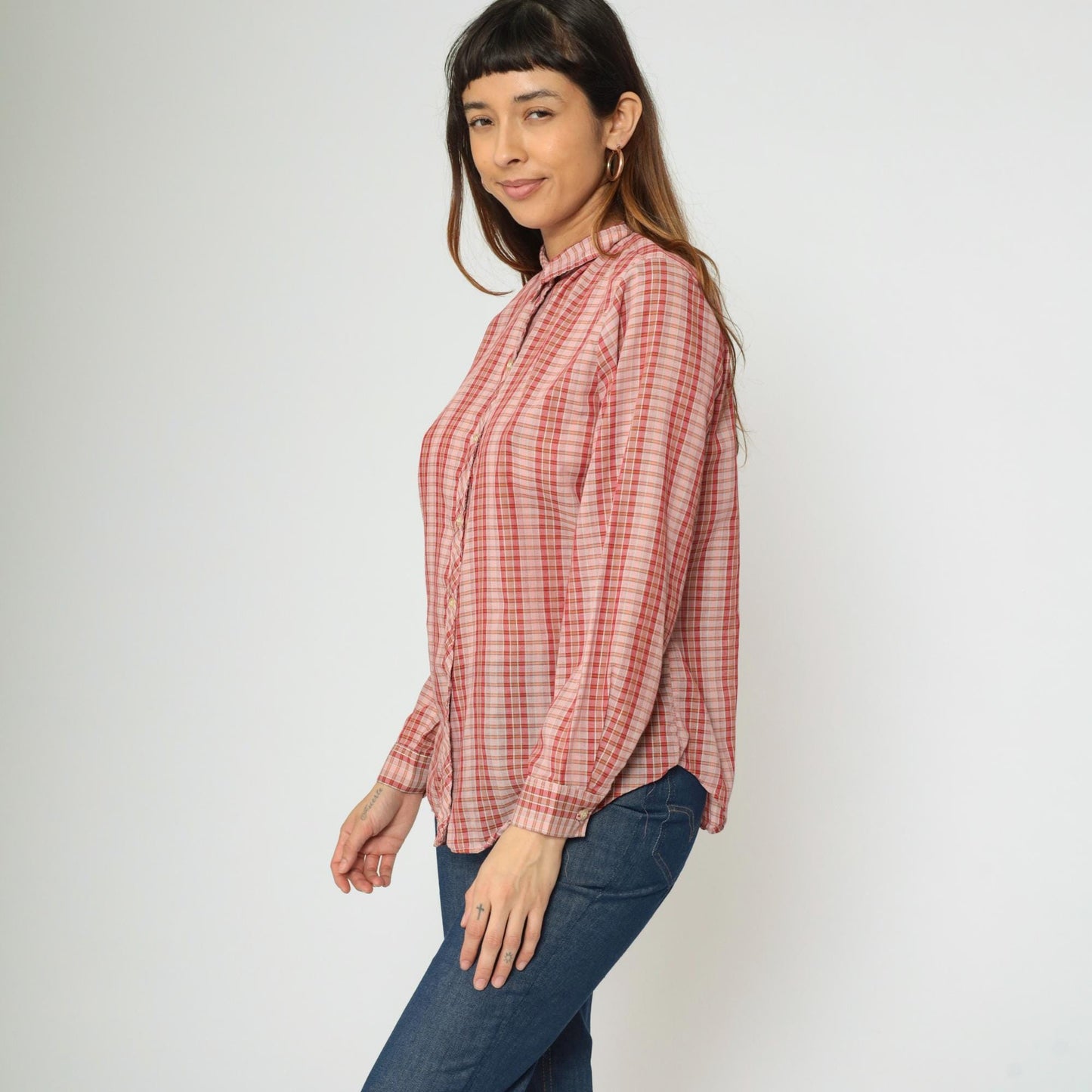 70s Pink Checkered Button-Up Blouse Long Sleeve Collar Sears Medium