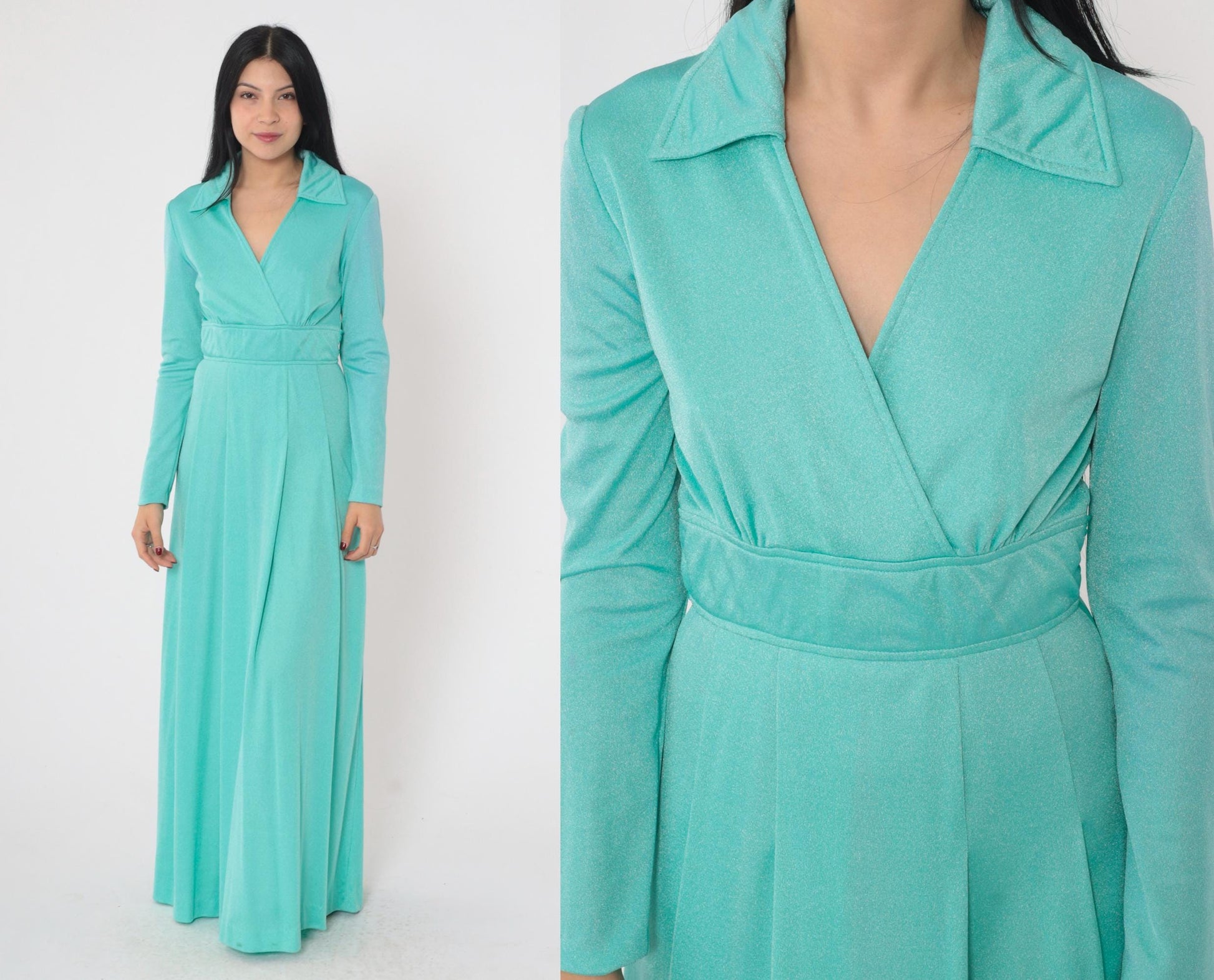 70s Turquoise Maxi Dress Plunge V-Neck Long Sleeve Belted Waist Small