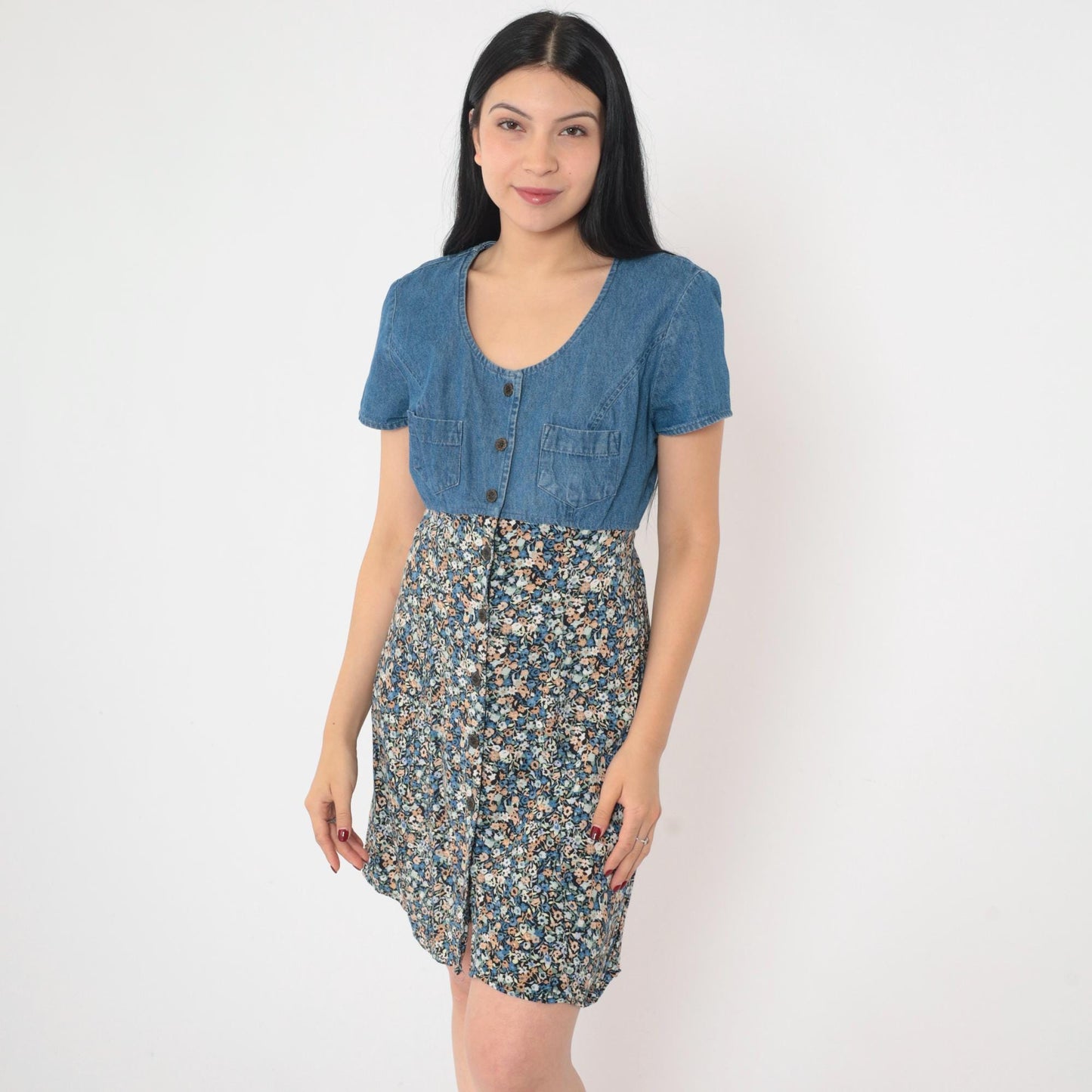 90s All That Jazz Floral Denim Mini Dress High Waist Button Up Blue Medium