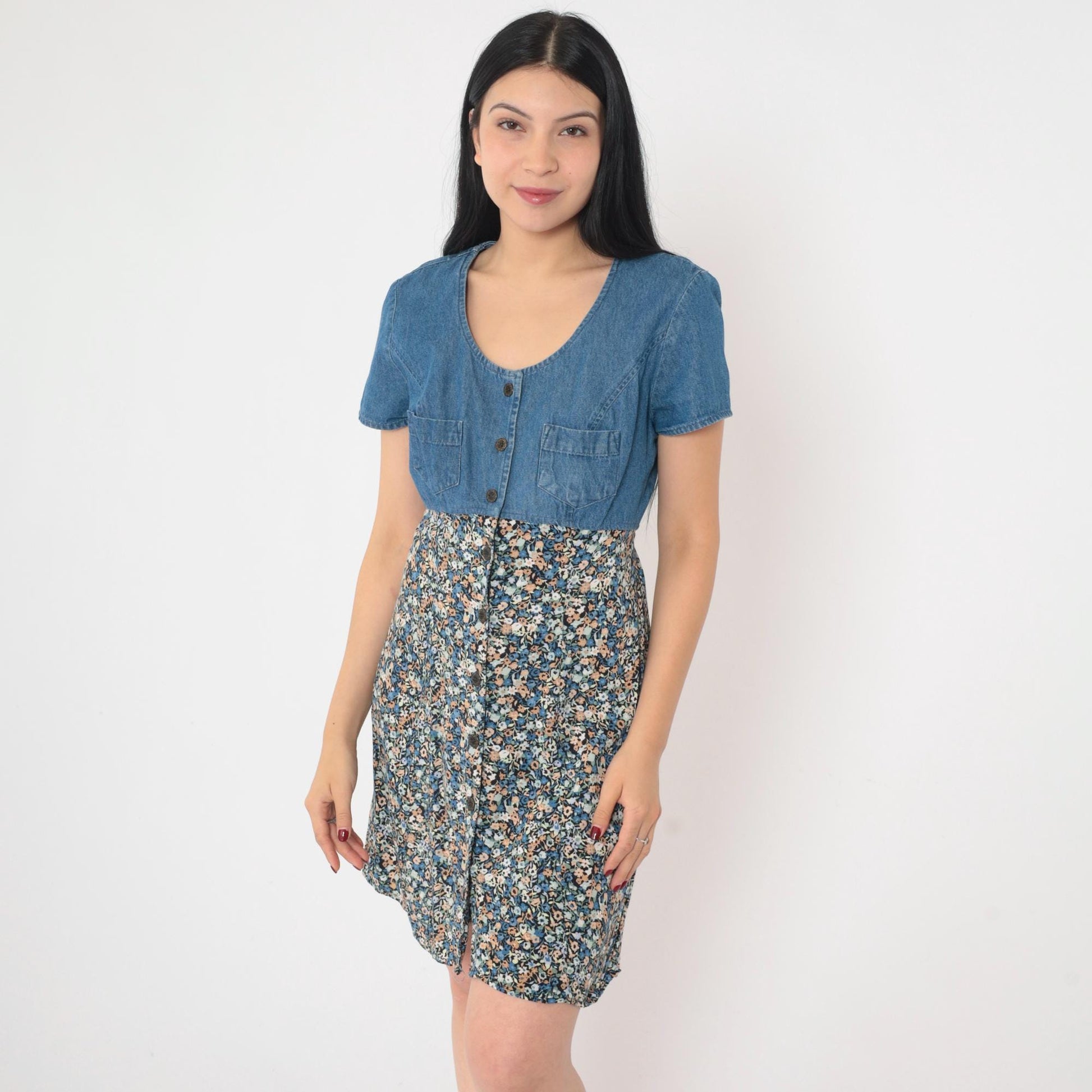 90s All That Jazz Floral Denim Mini Dress High Waist Button Up Blue Medium