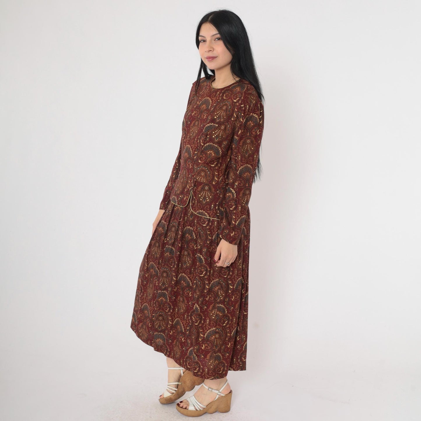 90s Maroon Paisley Midi Dress Gold Trim Puff Sleeve Button Back Medium