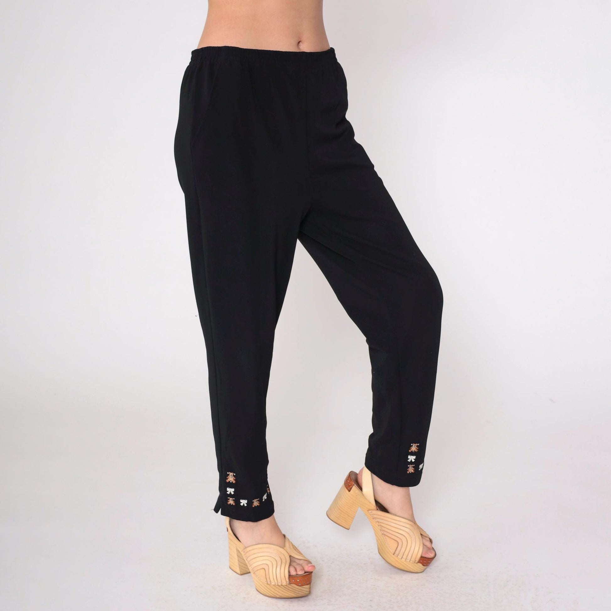 90s Black Tapered Pants Teddy Bears Bows High Waist Large L