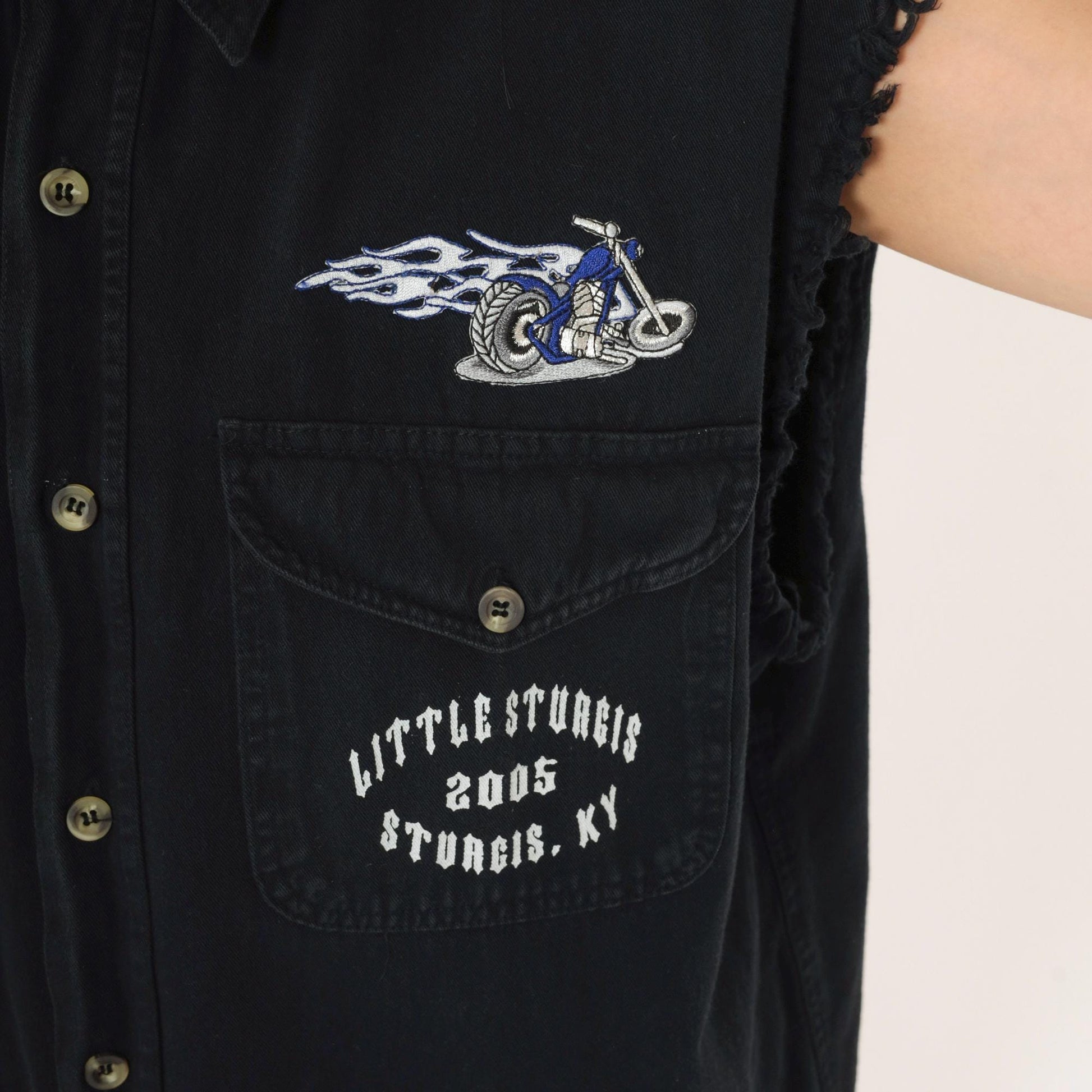 00s Little Sturgis Kentucky Sleeveless Button-Up Biker Shirt Black Large