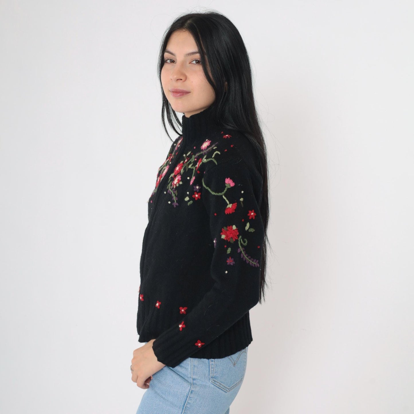 Y2K Talbots Floral Embroidered Cardigan Black Lambswool Mock Neck Zip Small