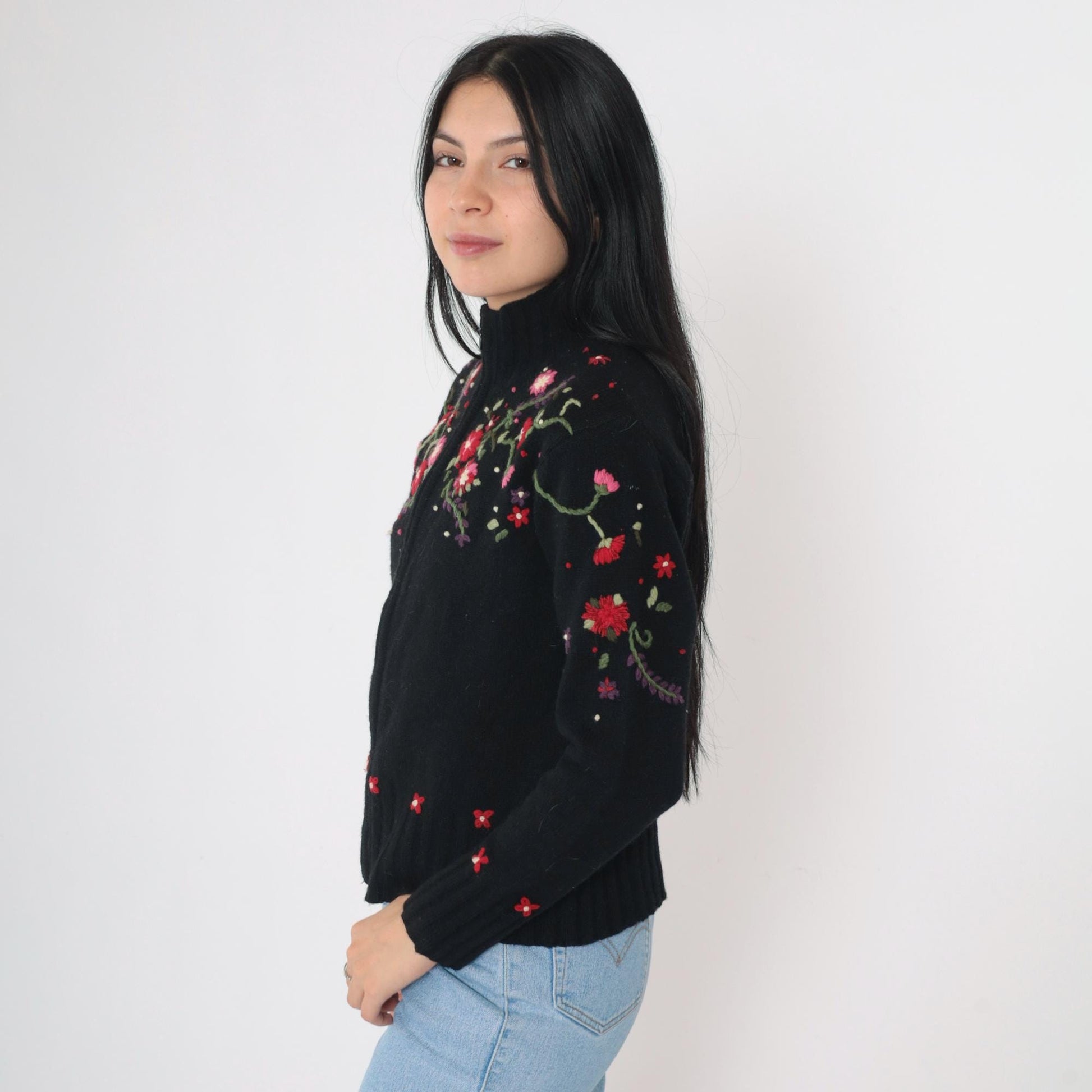Y2K Talbots Floral Embroidered Cardigan Black Lambswool Mock Neck Zip Small