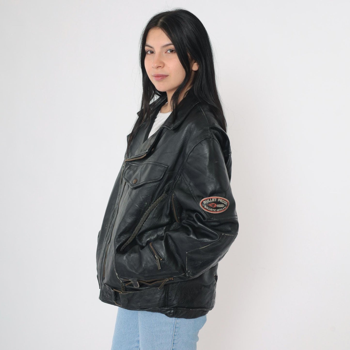 90s Black Leather Motorcycle Jacket POW MIA Patch Ace Spades Harley Medium