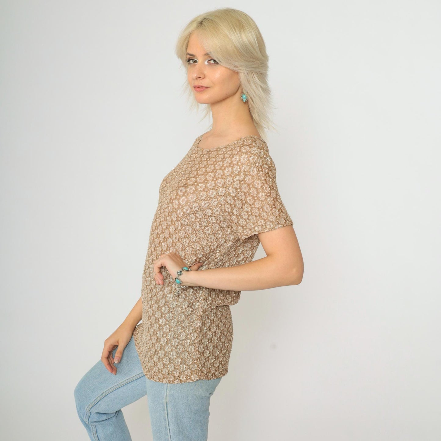 90s Clio Floral Lace Blouse Tan Short Sleeve Scoop Neck Medium
