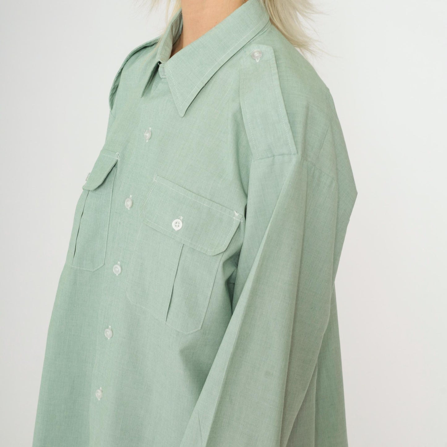 00s Light Green Button-Up Shirt Oxford Collar Long Sleeve Work Top XL