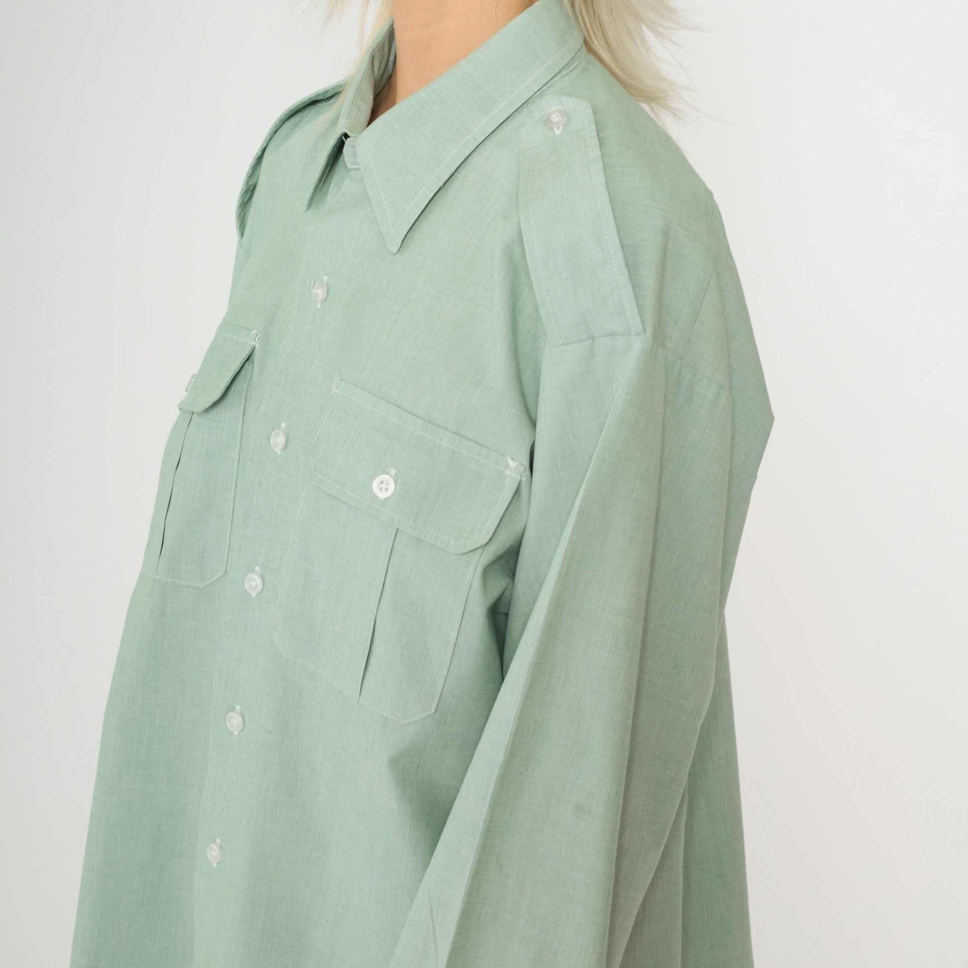 00s Light Green Button-Up Shirt Oxford Collar Long Sleeve Work Top XL