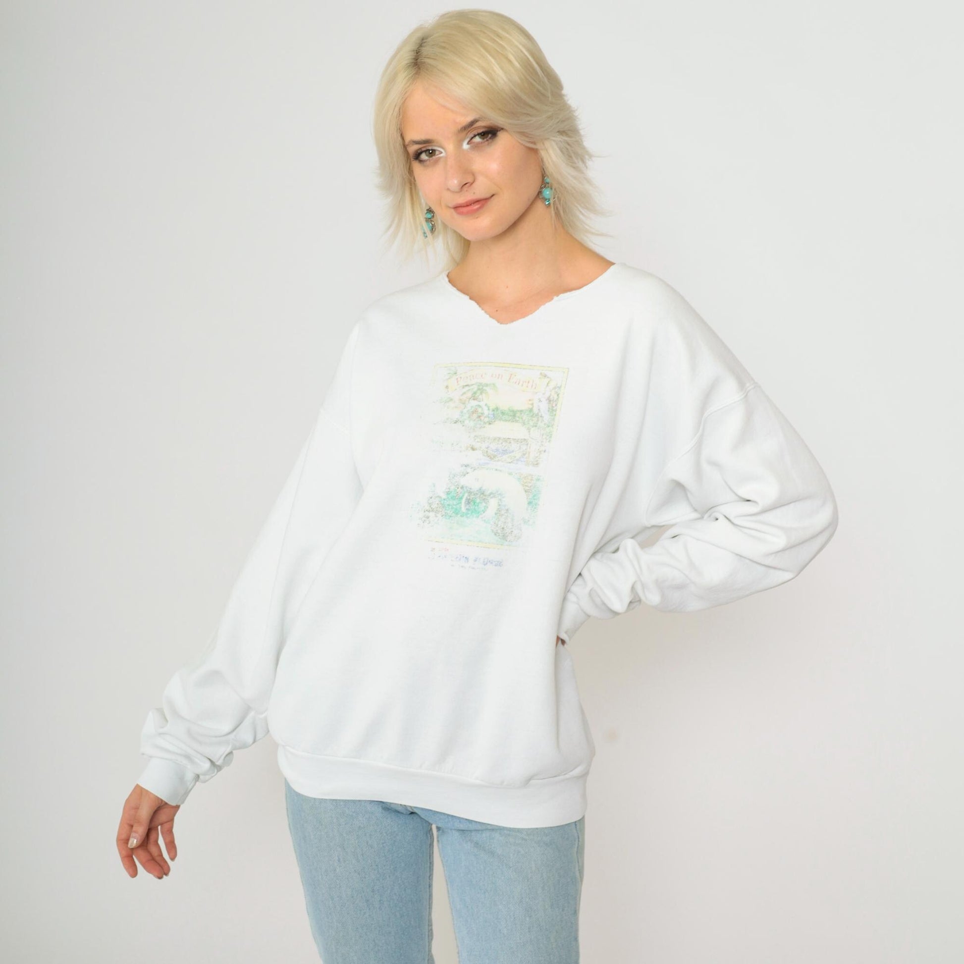 90s Peace on Earth Manatee Beach Christmas Sweatshirt White Cutoff Medium