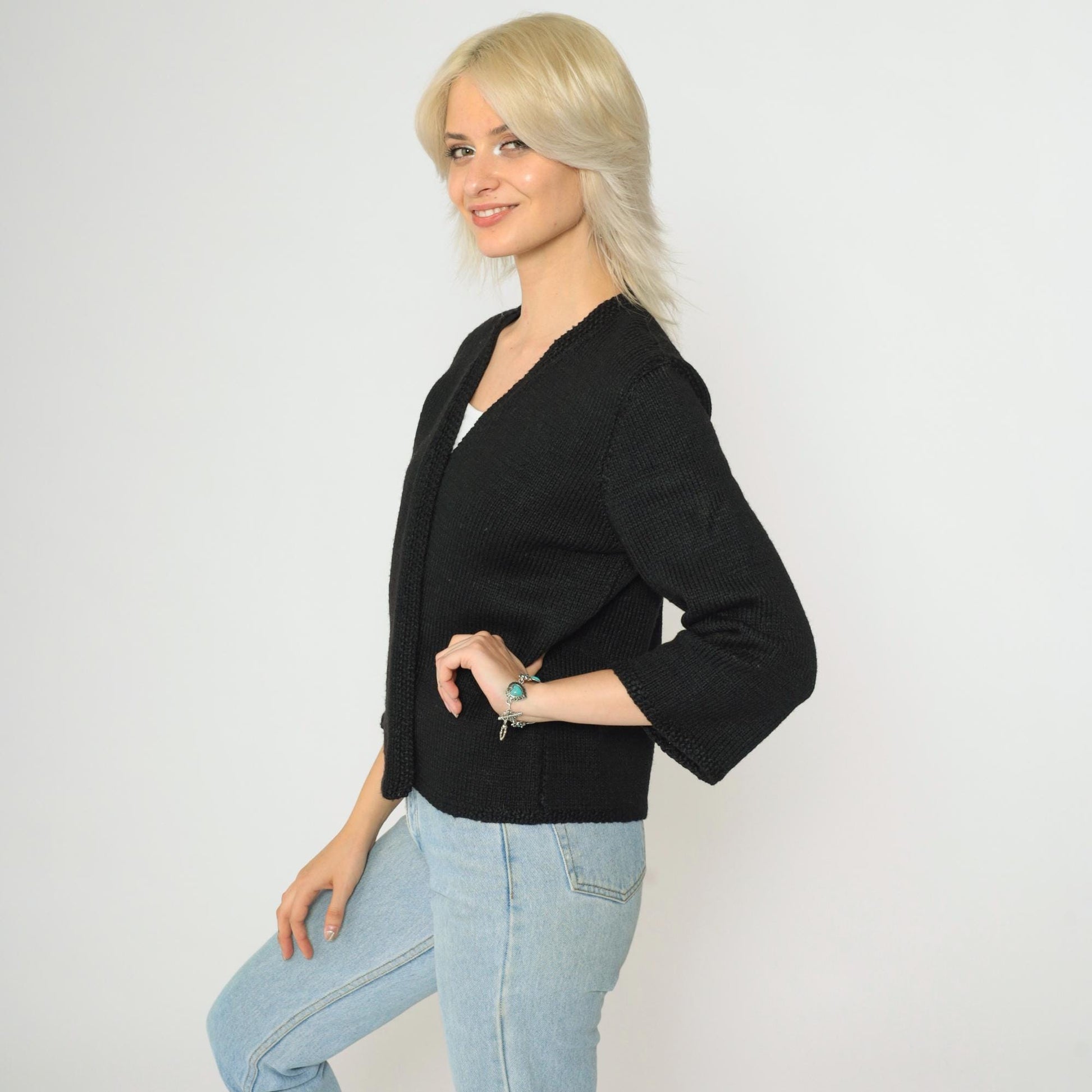60s Black Wool Cardigan 3/4 Sleeve Open Front Knit Sweater Small