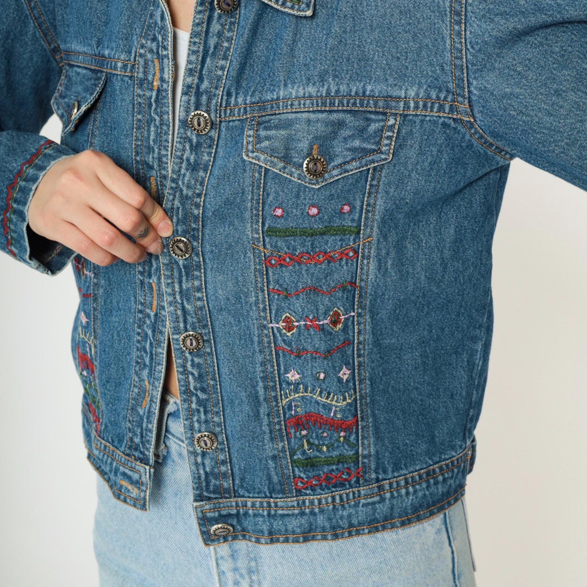 00s New Identity Denim Jacket Geometric Embroidery Blue Jean Jacket Small