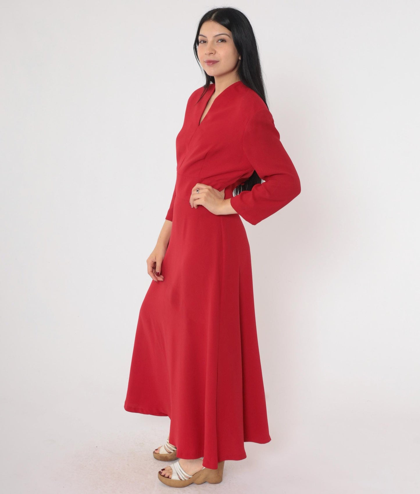 90s Donna Morgan Red Maxi Dress V-Neck High Waist Long Sleeve Small