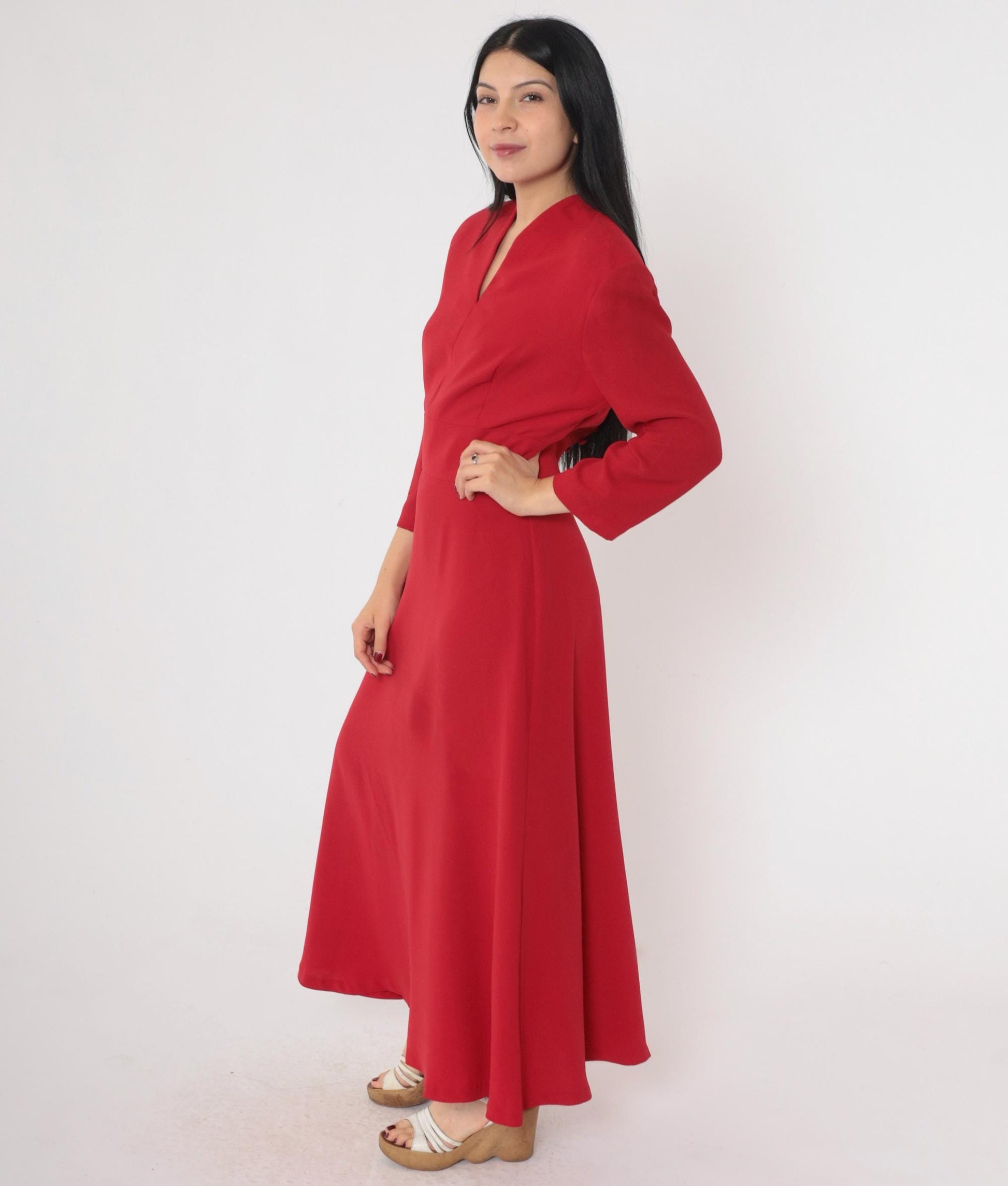 90s Donna Morgan Red Maxi Dress V-Neck High Waist Long Sleeve Small