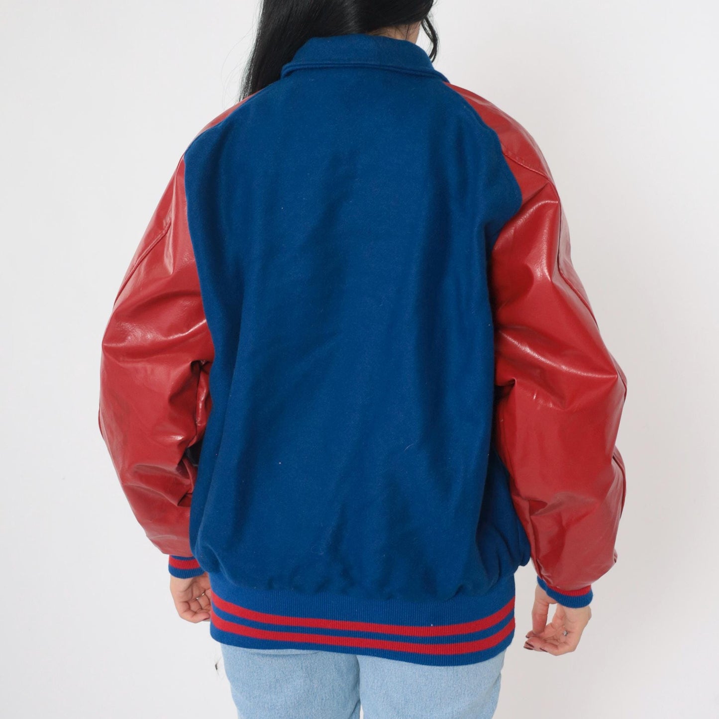 90s Varsity Jacket Blue Red Wool Melton Leather Sleeves SG Patch Men's Large L