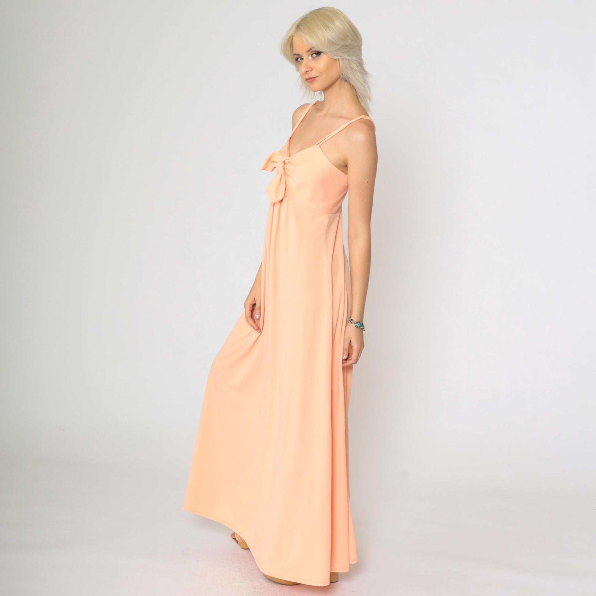 1970s Peach Grecian Maxi Dress Empire Waist Chest Tie Spaghetti Strap Small