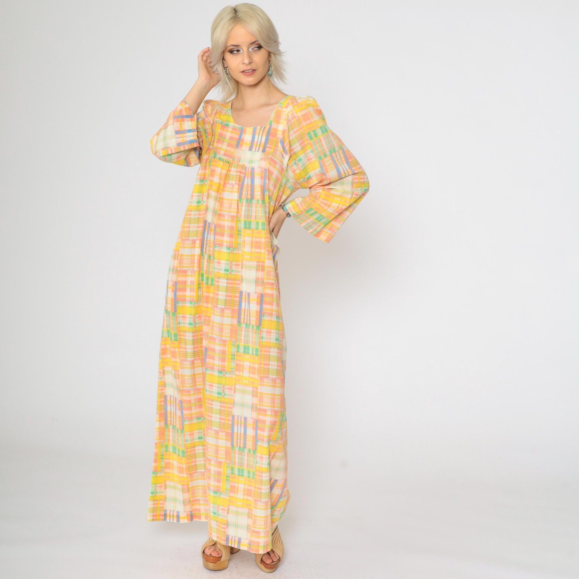 70s Patchwork Plaid Caftan Maxi Dress Wide Sleeve Yellow Peach Small