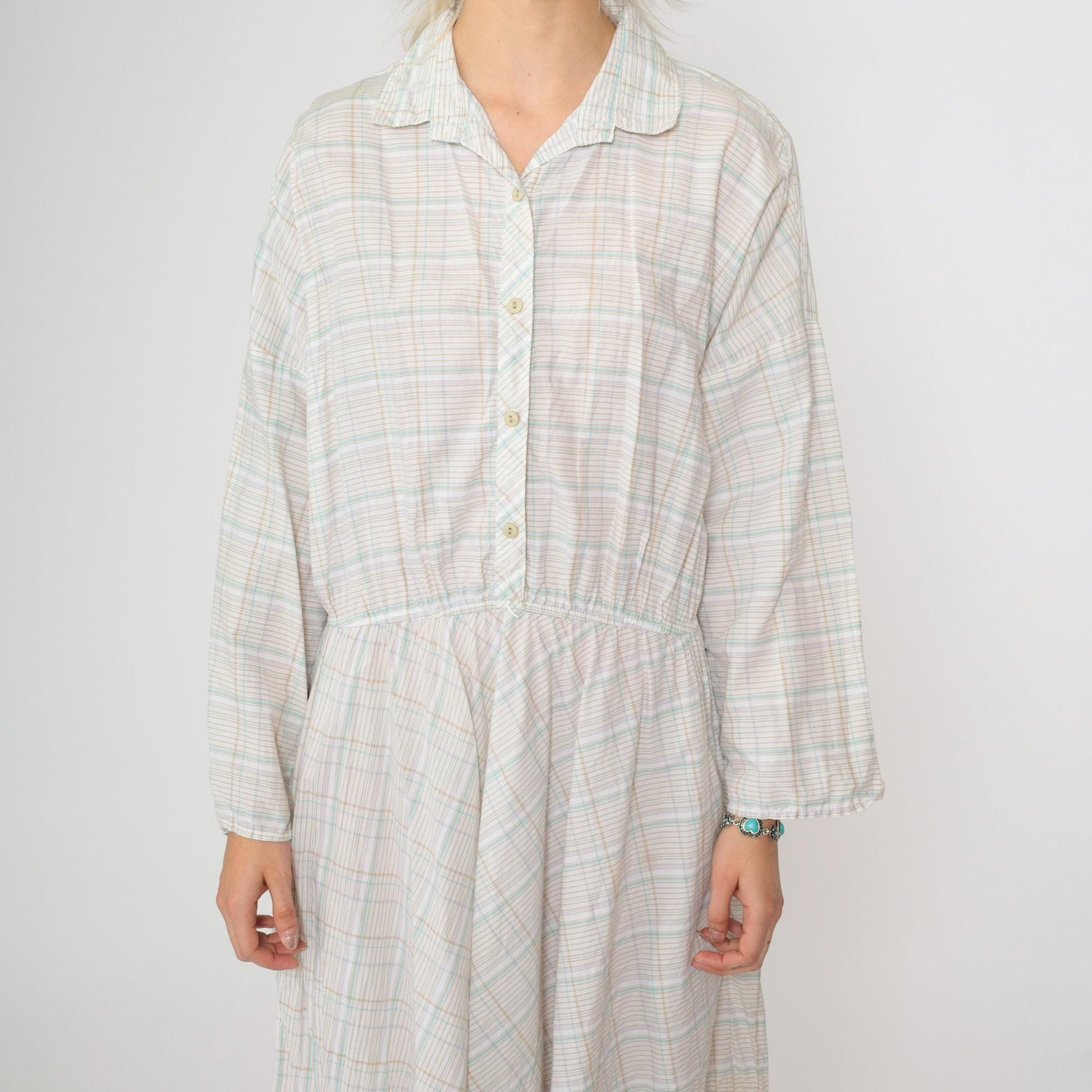 80s American Shirt Dress Plaid Midi Button-Up White Tan Aqua Cotton Medium Large