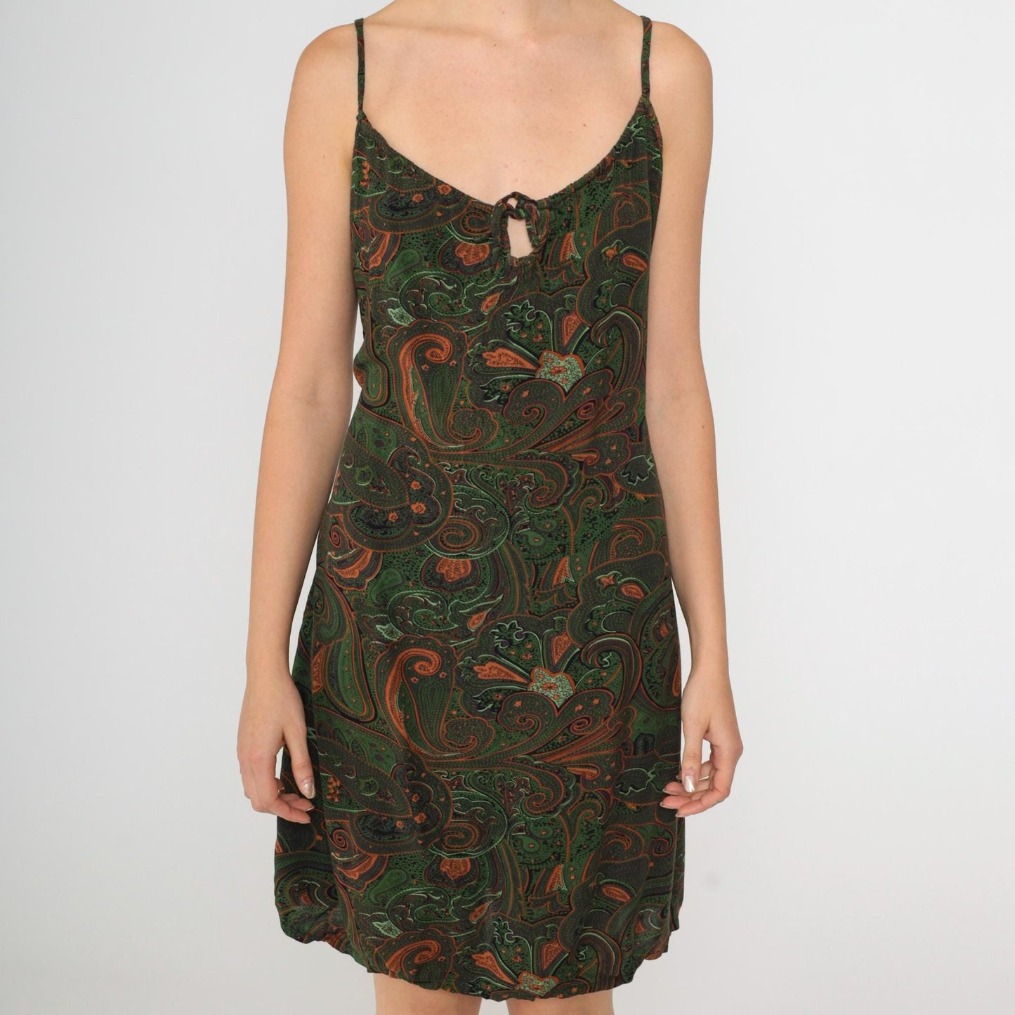 90s Paisley Print Mini Sundress Green Orange Spaghetti Strap Keyhole Medium