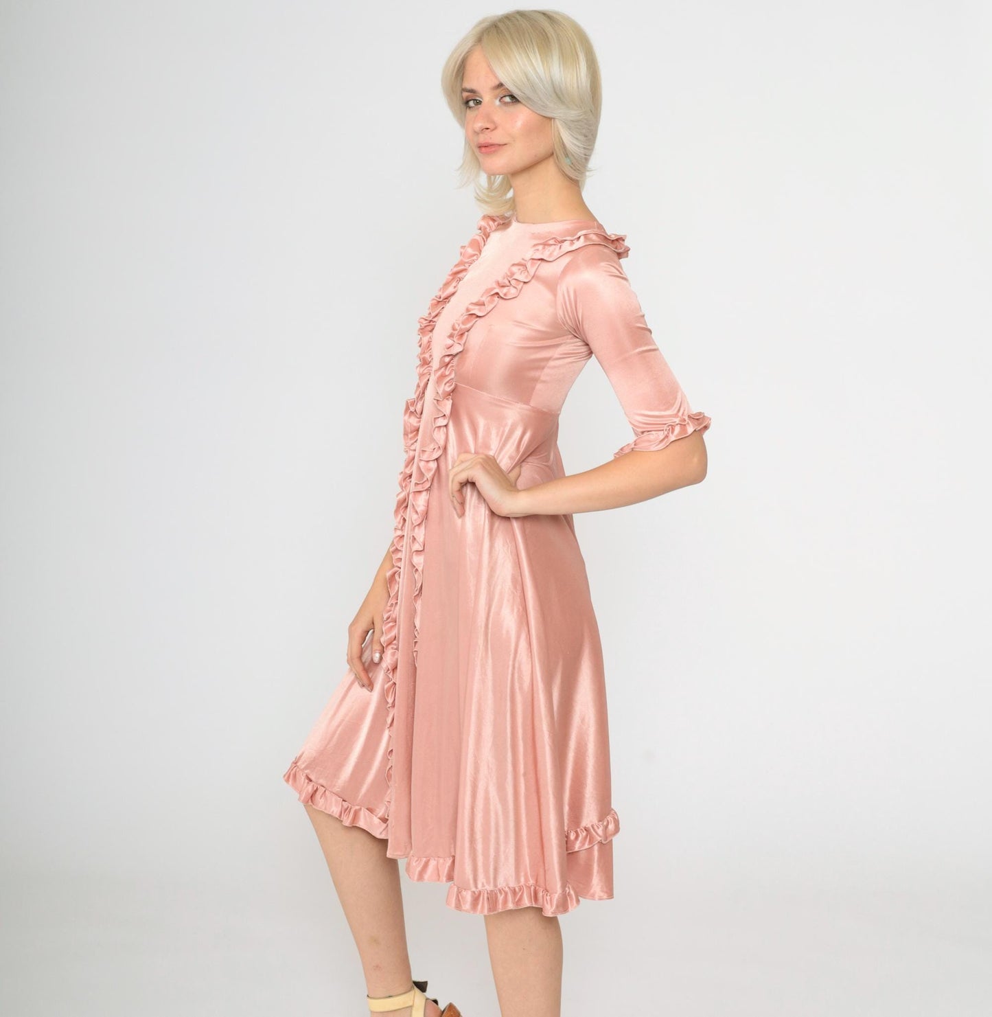 70s Pink Ruffled Babydoll Midi Dress Empire Waist Half Sleeve XXS