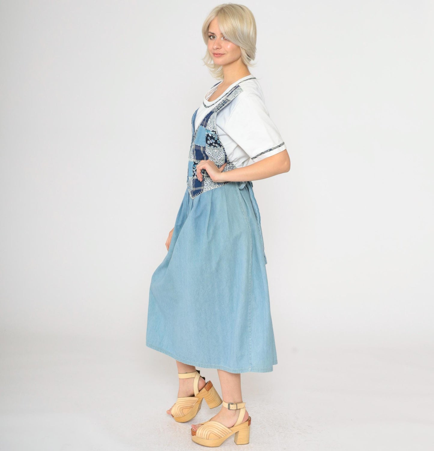 90s Patchwork Denim Midi Dress Floral Checkered Attached Vest Button Up Medium
