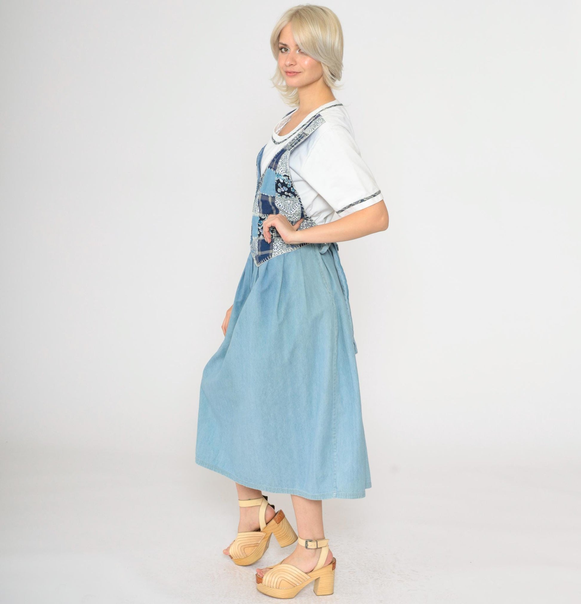 90s Patchwork Denim Midi Dress Floral Checkered Attached Vest Button Up Medium