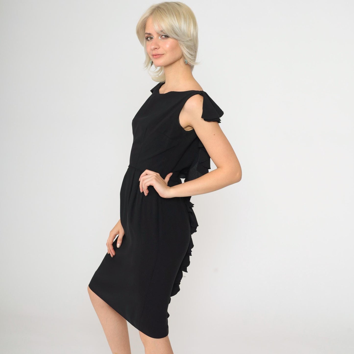 1960s Black Sheath Dress Ruffle Open Back Pencil Knee Length Small