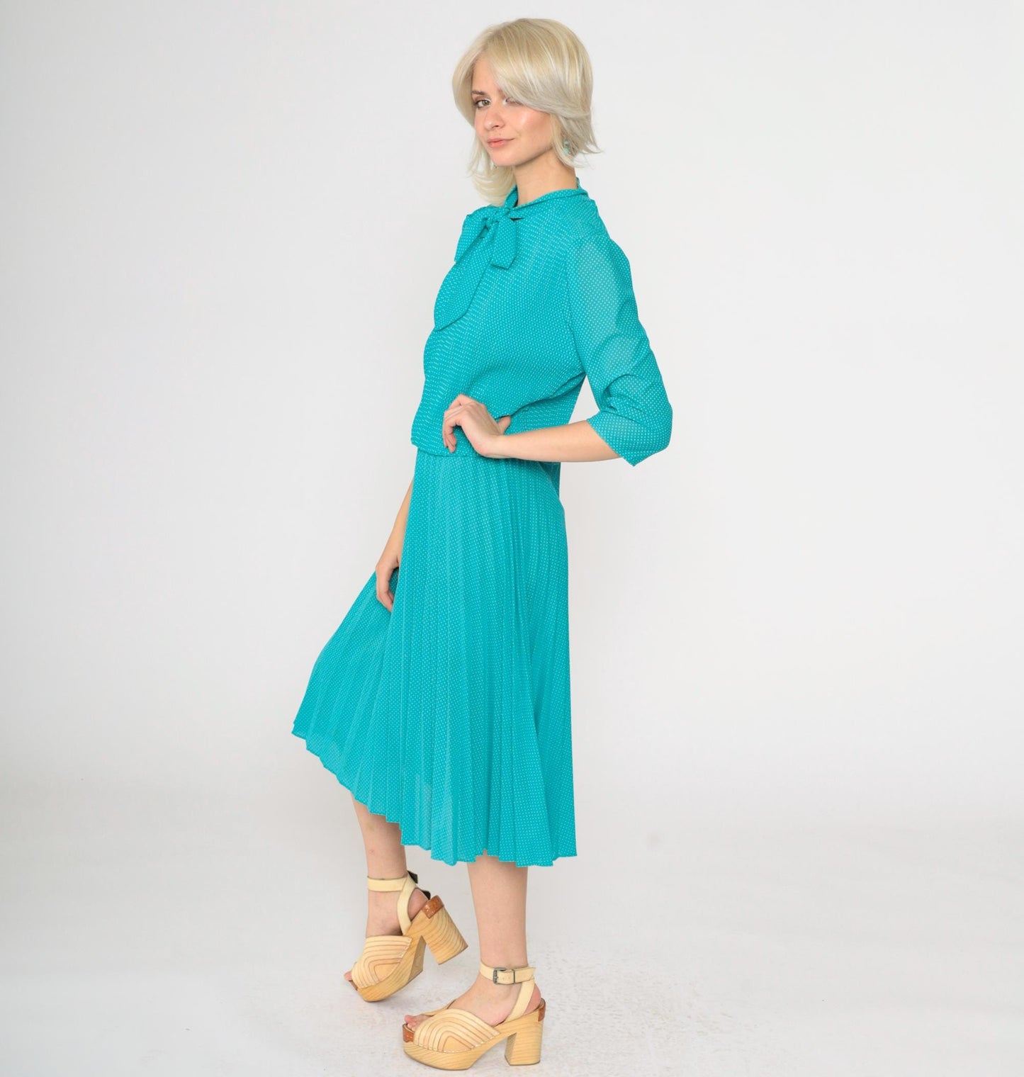 70s Turquoise Polka Dot Midi Dress Ascot Bow High Waist Pleated Small Medium