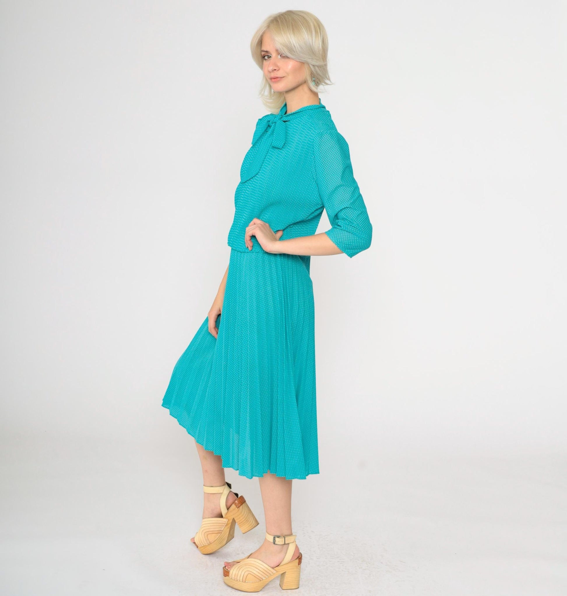 70s Turquoise Polka Dot Midi Dress Ascot Bow High Waist Pleated Small Medium
