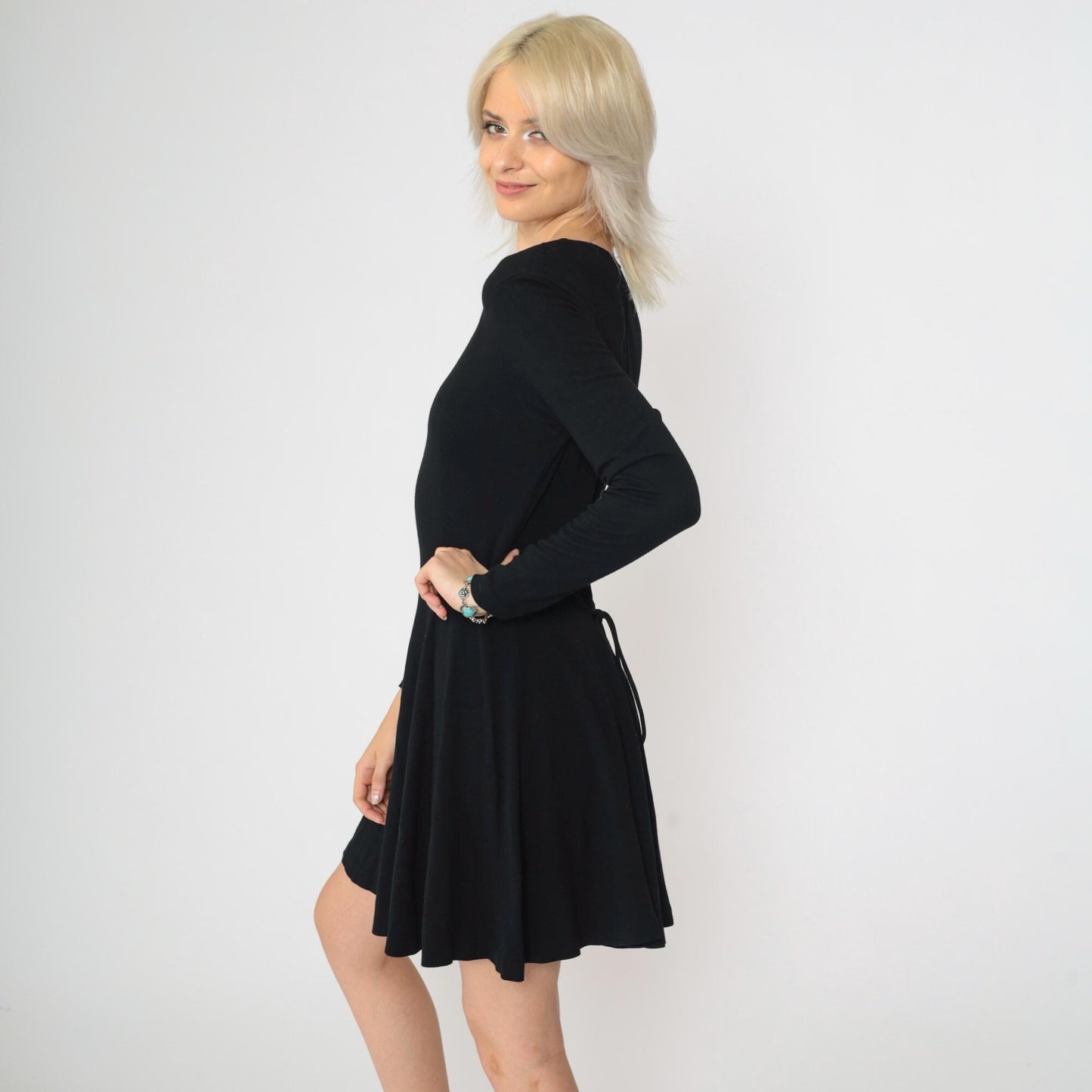 90s Norma Kamali Black Mini Dress Lace-Up Back Long Sleeve Scoop Neck Small Medium