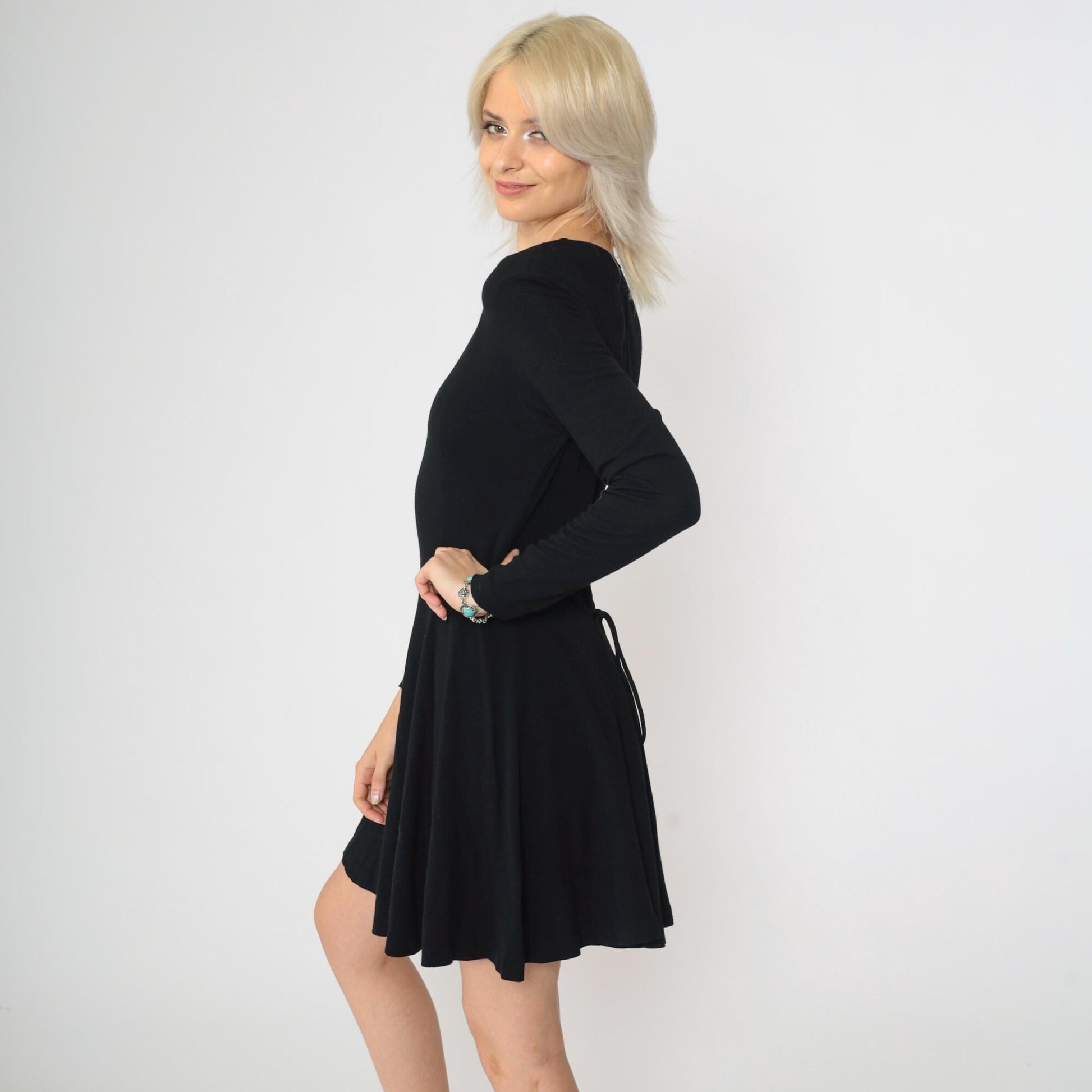90s Norma Kamali Black Mini Dress Lace-Up Back Long Sleeve Scoop Neck Small Medium