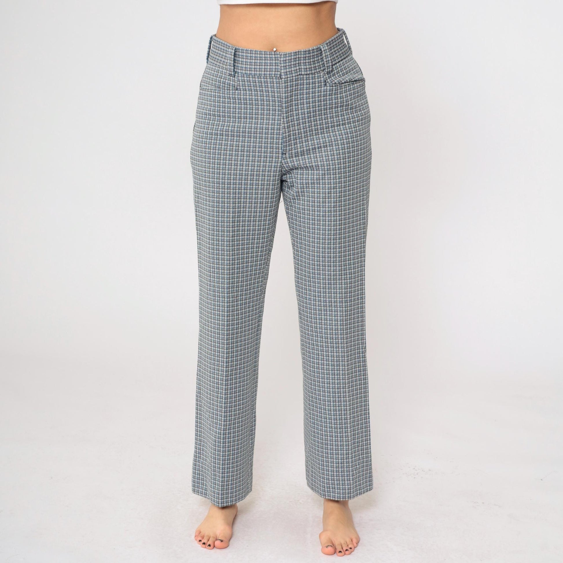 70s Checkered High-Waisted Straight Leg Trousers Grey Blue Medium
