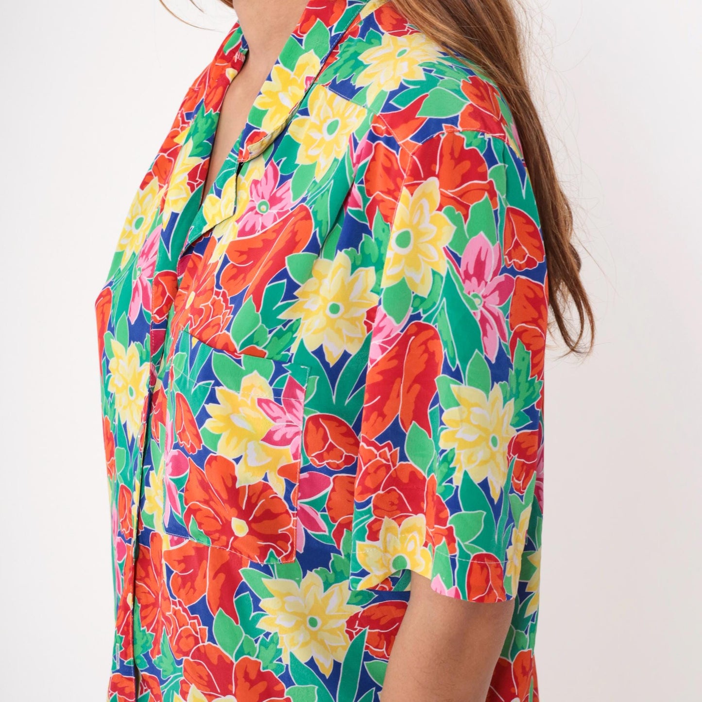 90s Floral Button-Up Blouse Multicolor Flower Print Short Sleeve Medium