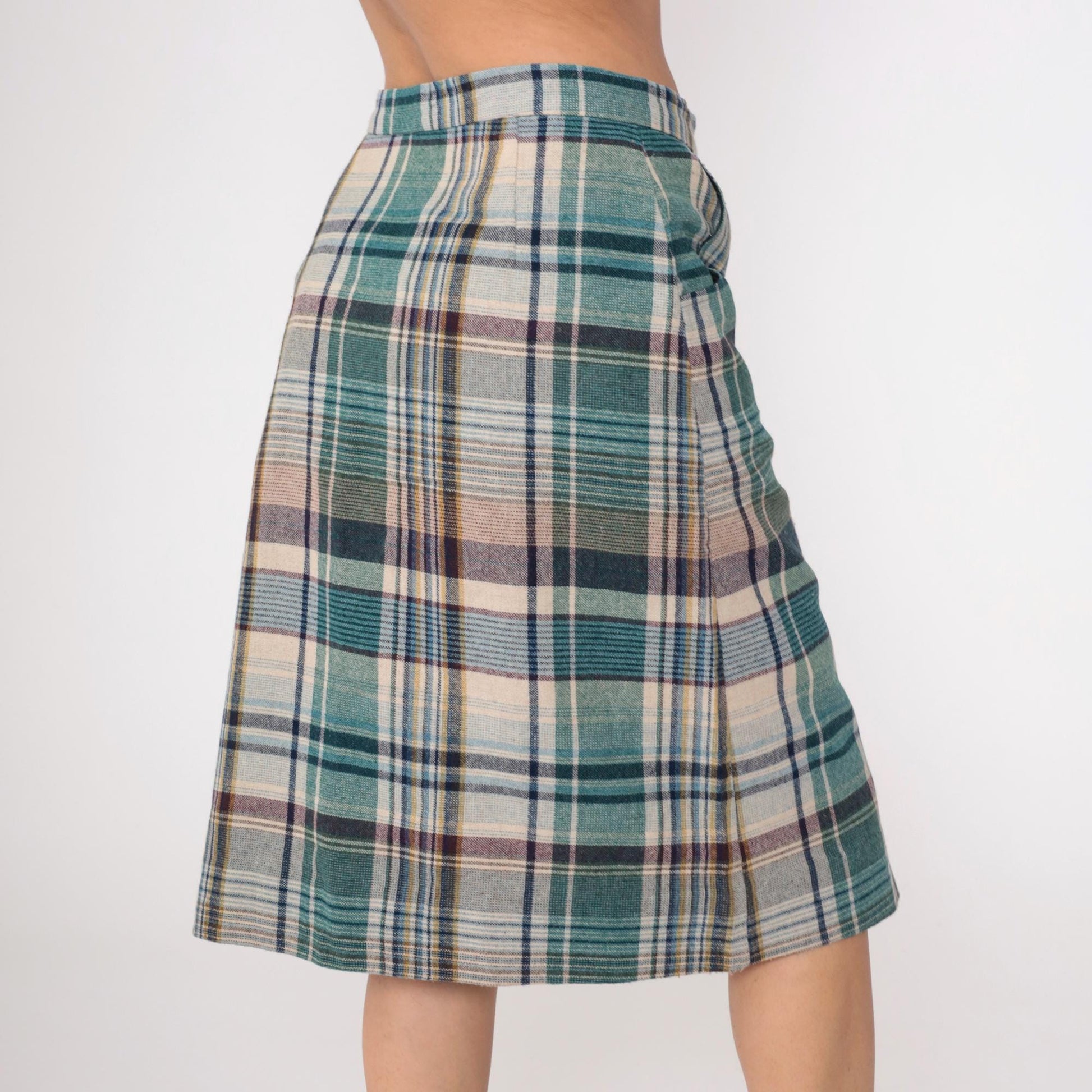 70s Hunter Sportswear Plaid Midi Skirt High Waist A-Line Button Front Teal Beige Medium
