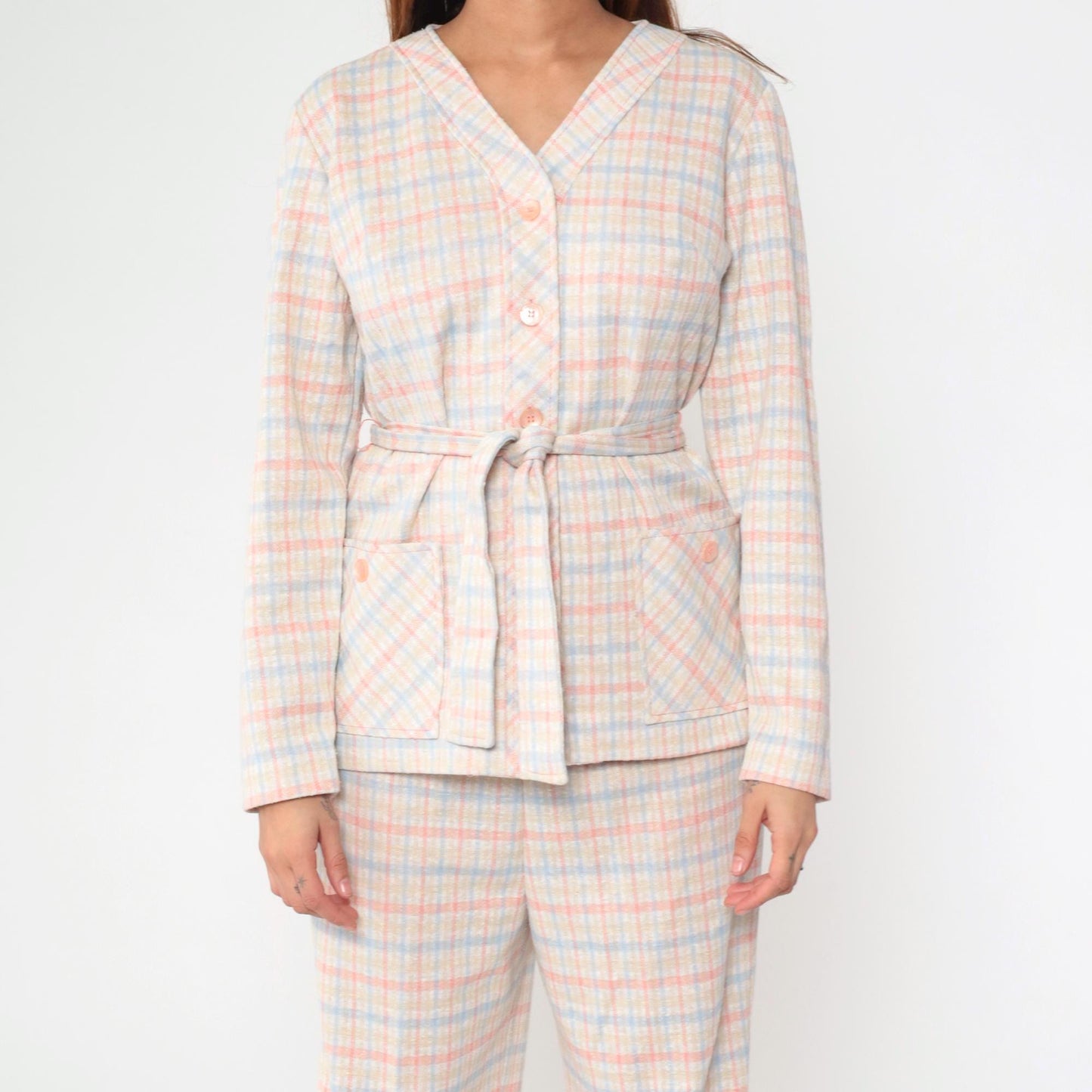 70s Pink Blue Checkered Two Piece Set Wide Leg Pants Blouse Large L