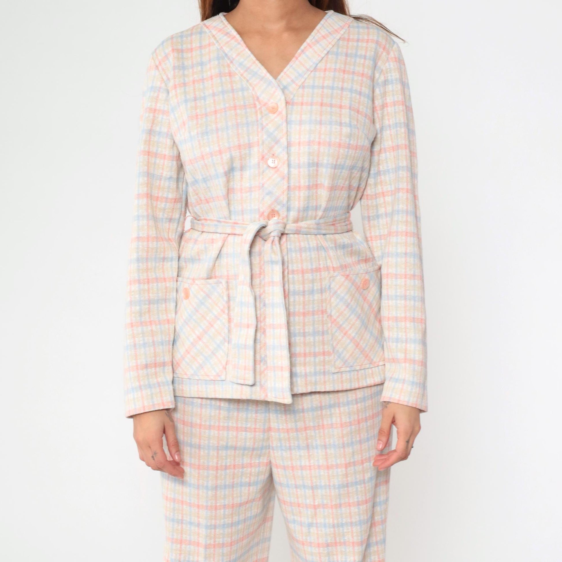 70s Pink Blue Checkered Two Piece Set Wide Leg Pants Blouse Large L