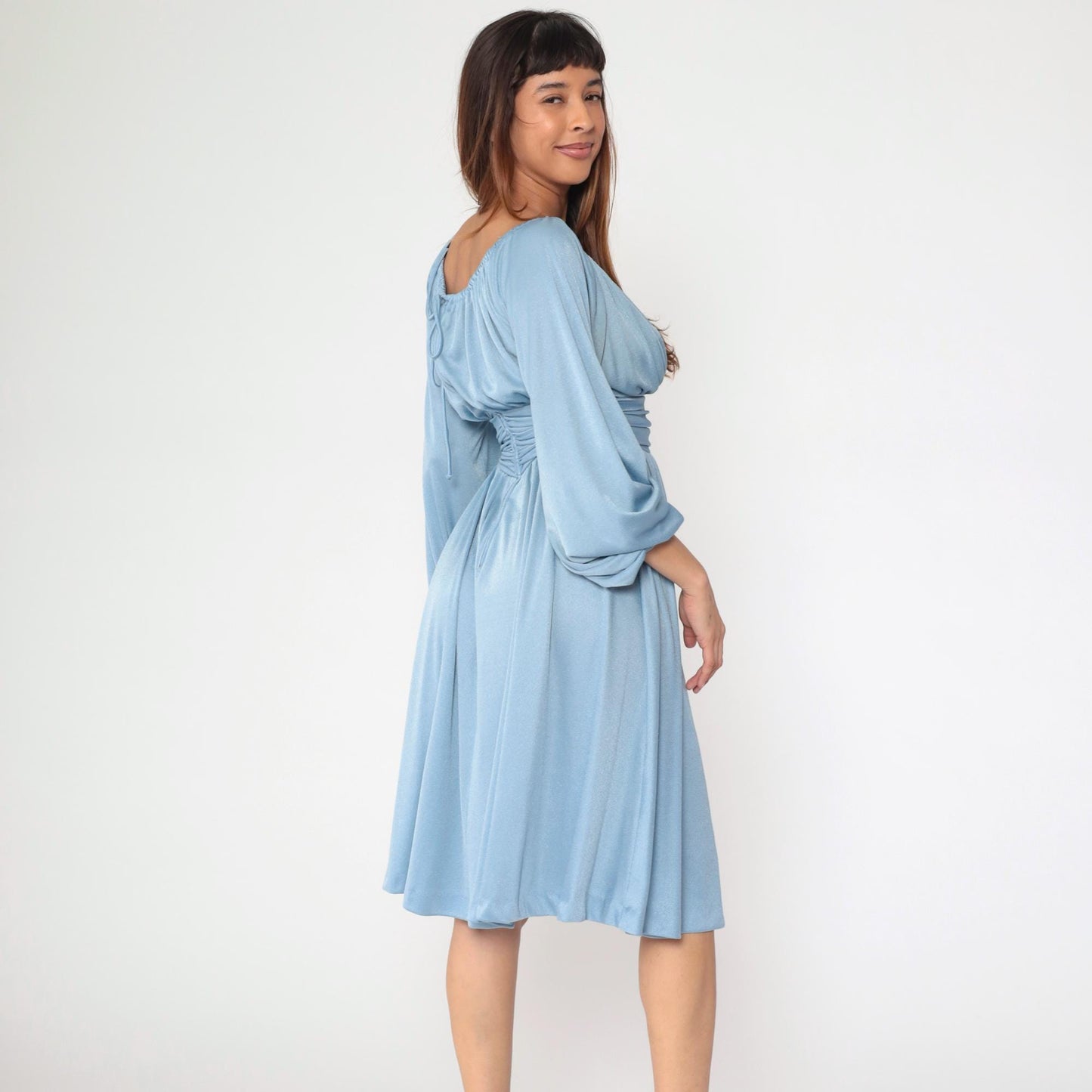 70s Blue Peasant Midi Dress Empire Waist Long Sleeve Off-Shoulder Extra Small